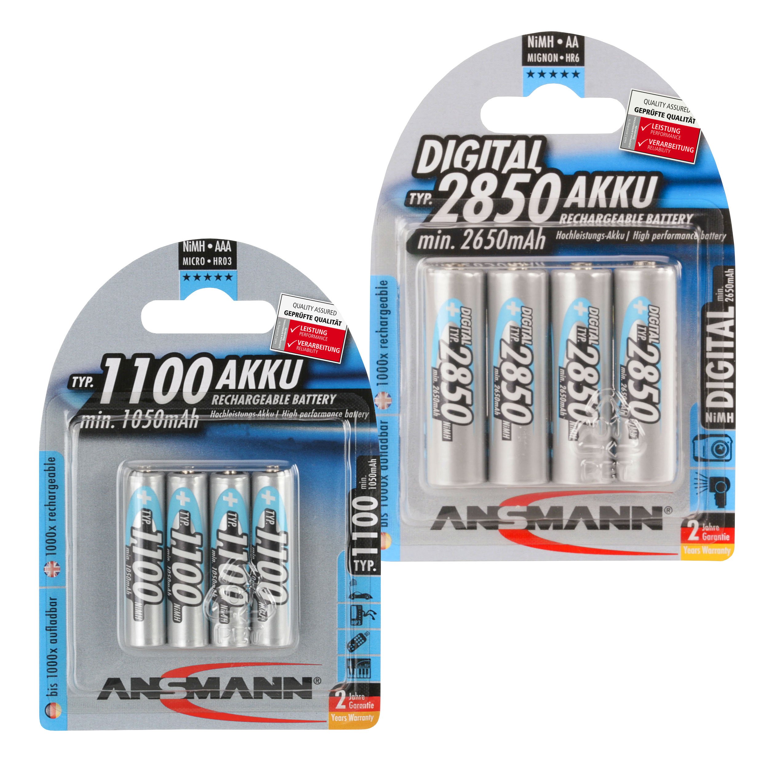 Ansmann AA Rechargeable Batteries 2850mAh (4-Pack) & AAA Rechargeable Batteries 1100mAh (4-Pack) - High Capacity NiMH Batteries for Flashlights, Cameras, Toys, Remote Controls, and Electronic Devices - Long Lasting Power for Home & Office Use