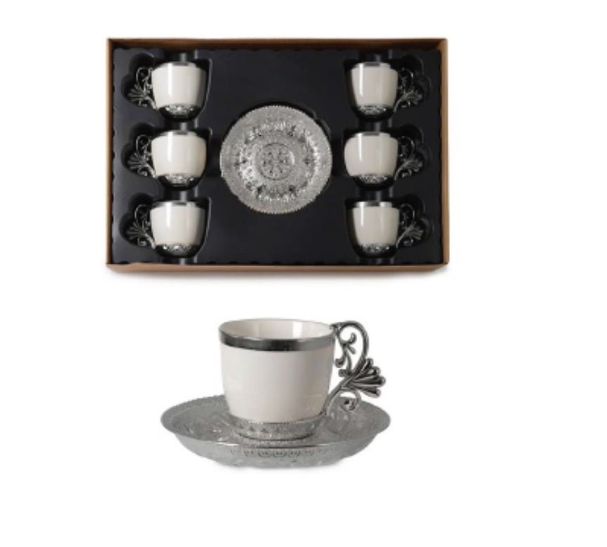 Premium Silver Turkish Coffee Set - 6-Piece Handcrafted Brass Pot & Cups for Authentic Brewing | Perfect for Home, Office & Gifting