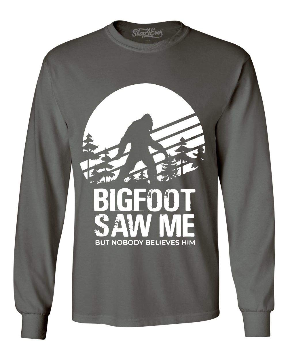 Funny Bigfoot Sasquatch Long Sleeve T-Shirt - 'He Saw Me But Nobody Believes' Novelty Graphic Tee for Hiking, Camping & Outdoor Enthusiasts