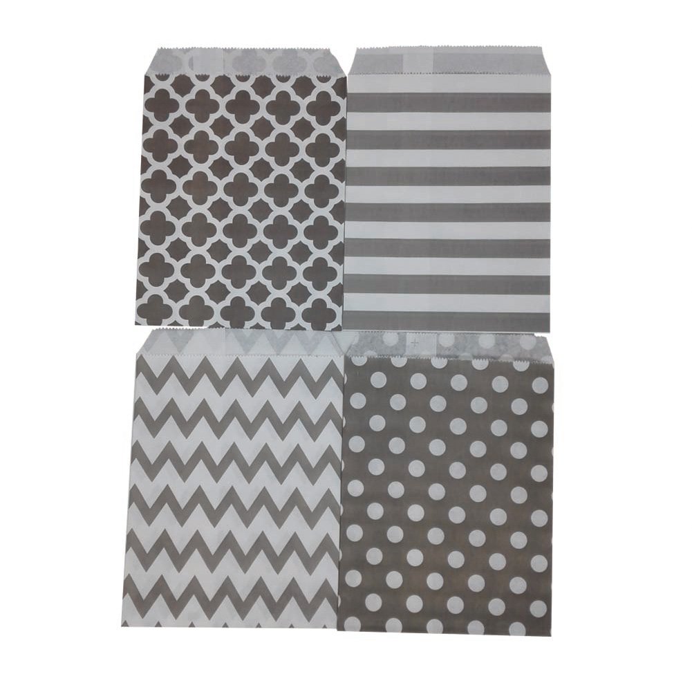 Eco-Friendly Biodegradable Paper Candy Cookie Bags | Food Safe Party Favor Bags | 100 Count, 4 Assorted Designs (Grey) | Perfect for Birthday Parties, Baby Showers & Wedding Favors
