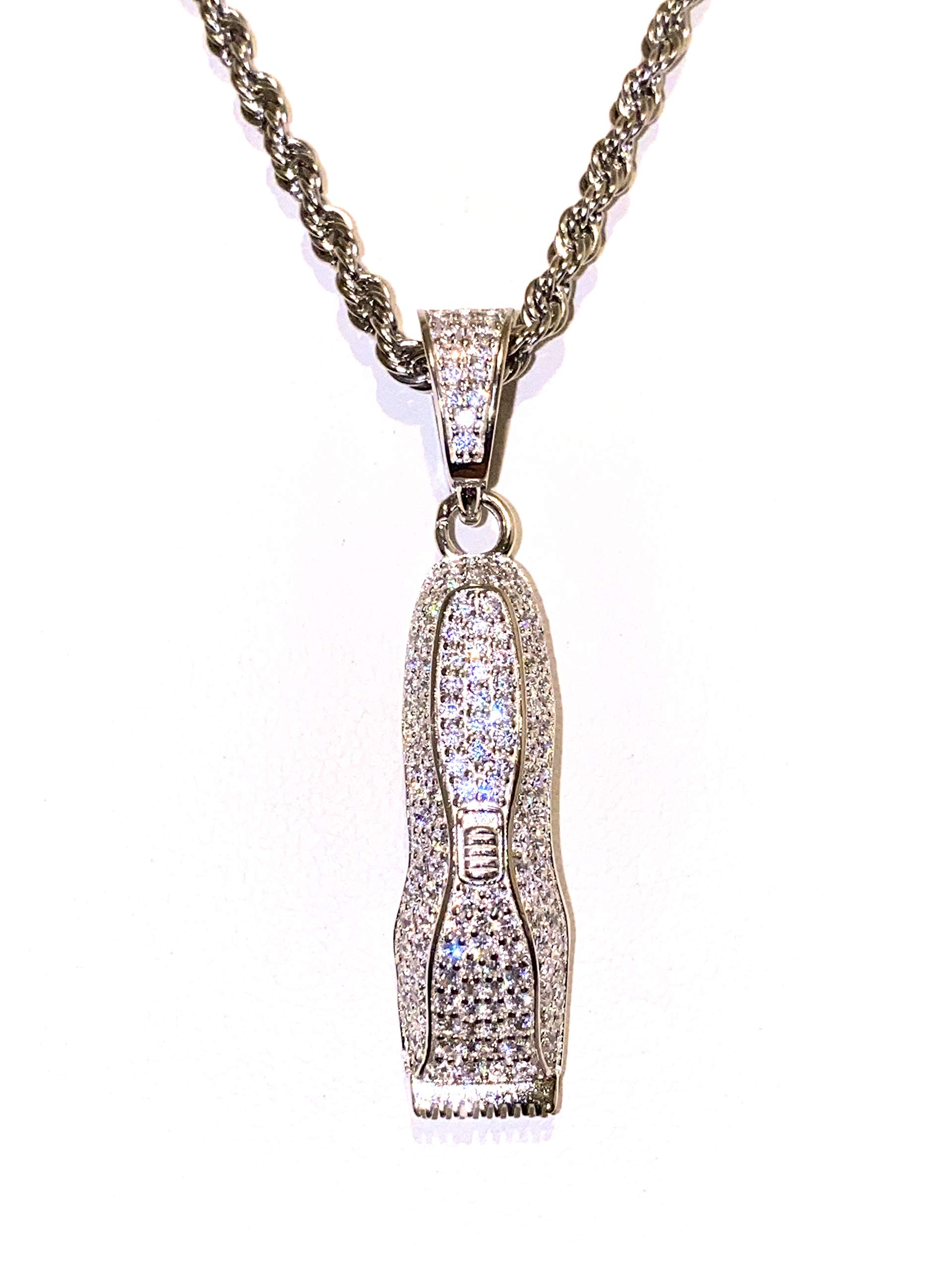 925 Sterling Silver Iced Barber Razor Charm Pendant with 2mm Stainless Steel Rope Chain Necklace for Men & Women | Italian Crafted Hip Hop Jewelry | Perfect for Streetwear, Gifts & Everyday Fashion Accessories