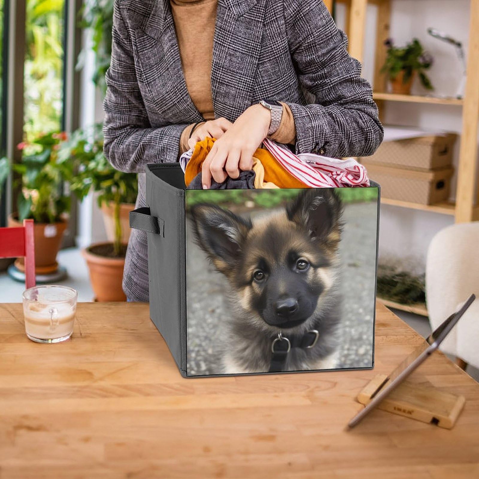Collapsible Storage Bins 2-Pack - Stackable Foldable Storage Containers with Handles, Cute German Shepherd Puppy Design - Home Organization Cube Baskets for Closet, Nursery, Office & Laundry Room