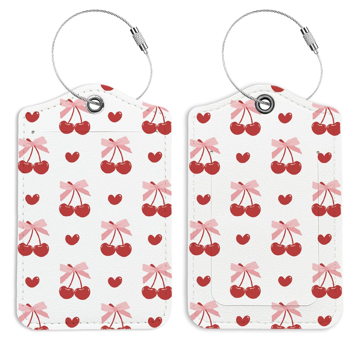 Pink Bow Cherries Luggage Tags for Suitcases - 2 Pack Preppy Coquette Travel Tags for Teen Girls, Trendy Girly Suitcase Accessories - Perfect for Back to School, Travel Gifts & Student Essentials