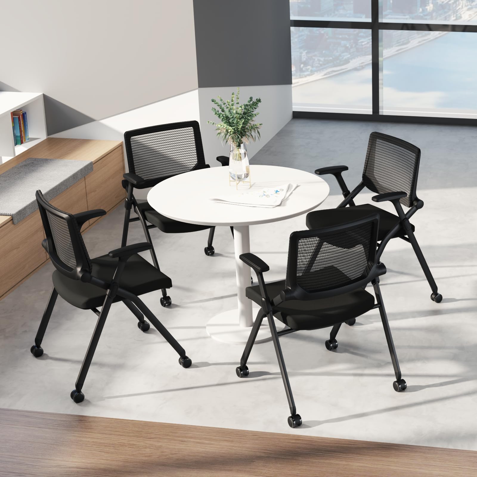 FYLICA Ergonomic Mesh Office Chair - Foldable, Stackable with PU Wheels & Smooth Armrests - Comfortable Conference, Guest & Meeting Chair for Home & Office (Black) - Perfect for Small Spaces, Reception Areas & Shared Workspaces