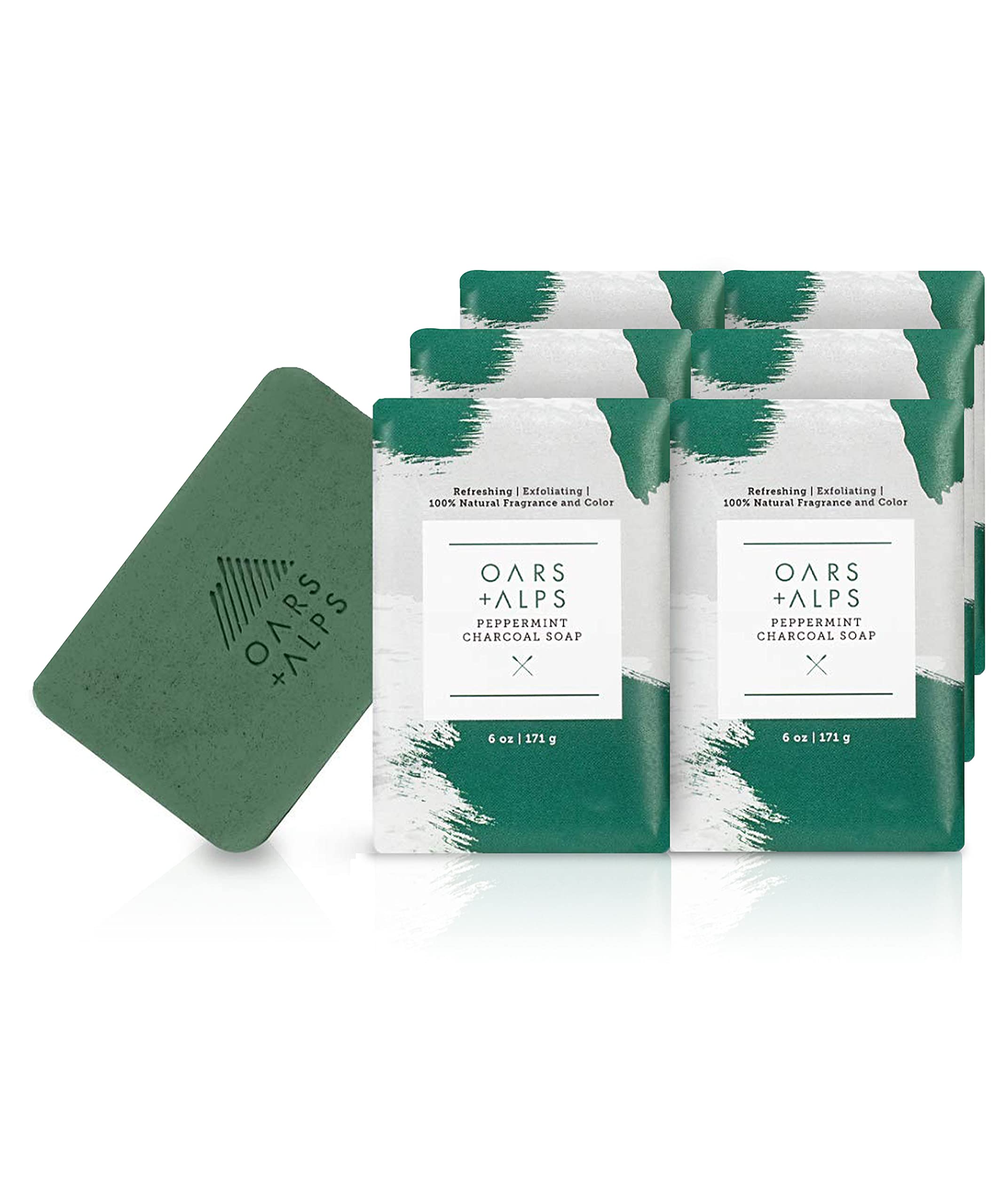 Oars + Alps Peppermint Charcoal Exfoliating Bar Soap for Men - Dermatologist Tested, Natural Ingredients, Travel Size (6 Pack, 6 Oz Each) - Deep Cleansing & Exfoliating for Fresh Skin - Perfect for Gym, Travel & Daily Use