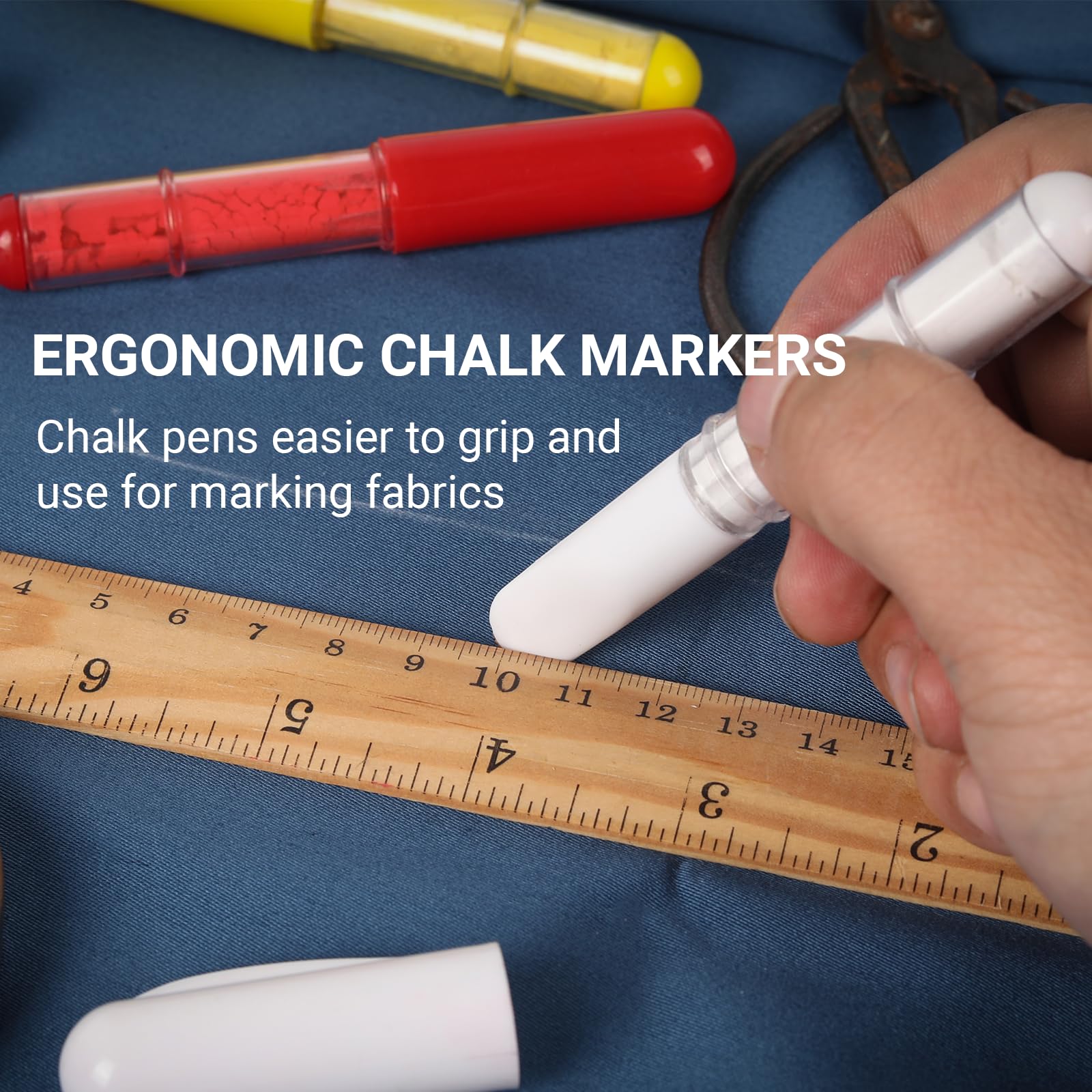 2-Pack Fabric Chalk Markers (Blue & White) - Washable Tailor's Chalk for Quilting, Sewing & Fabric Marking - Works on Cotton, Denim & Most Fabrics - Precision Dosing Wheel Technology - Perfect for DIY Crafts, Clothing Alterations & Pattern Making