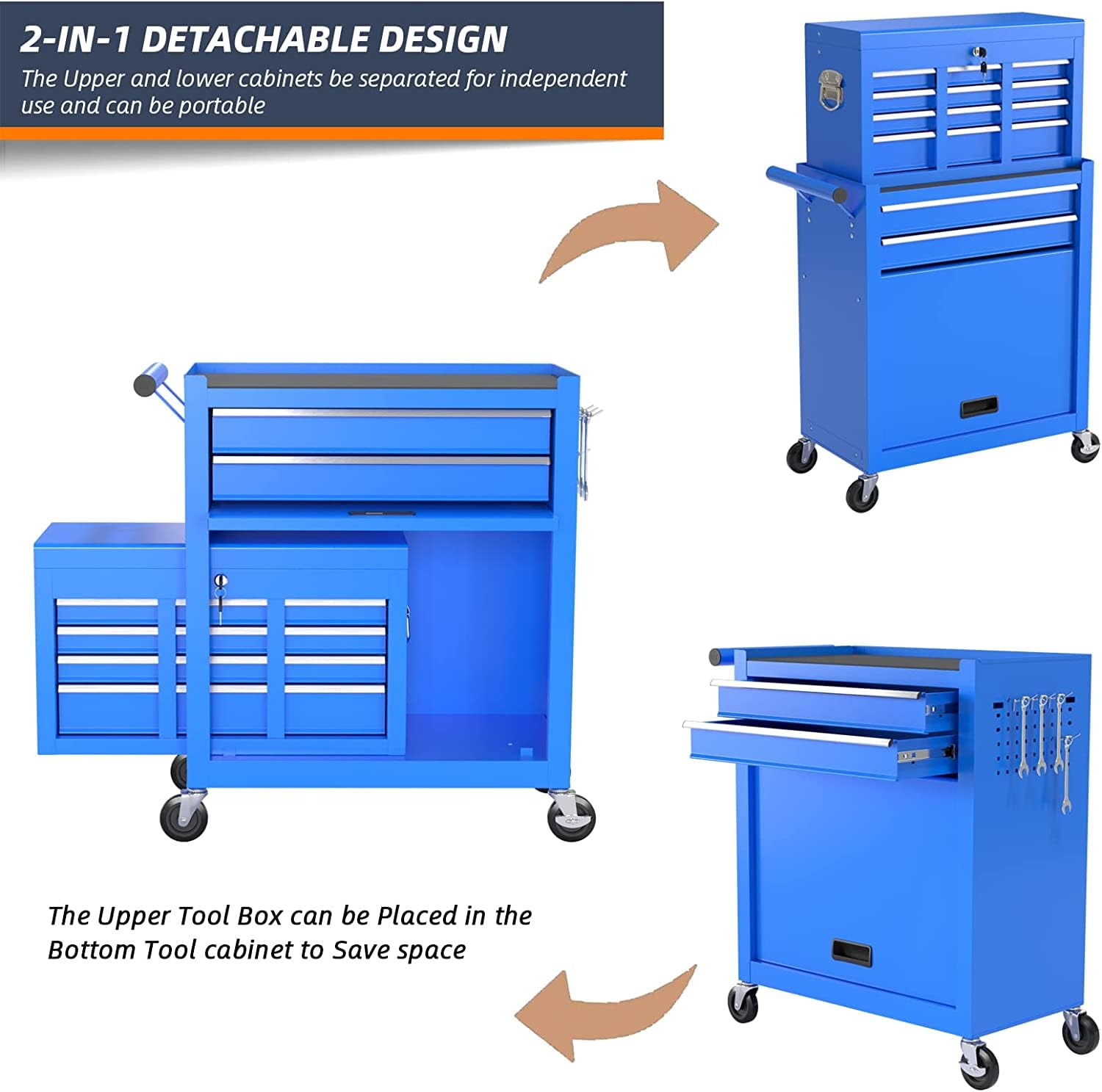 8-Drawer Heavy Duty Rolling Tool Chest with Removable Cabinet & Lock - High Capacity Mobile Tool Storage for Mechanics, Garage Workshop & Tool Room - Perfect for Automotive Repair, DIY Projects & Professional Tool Organization (Blue)