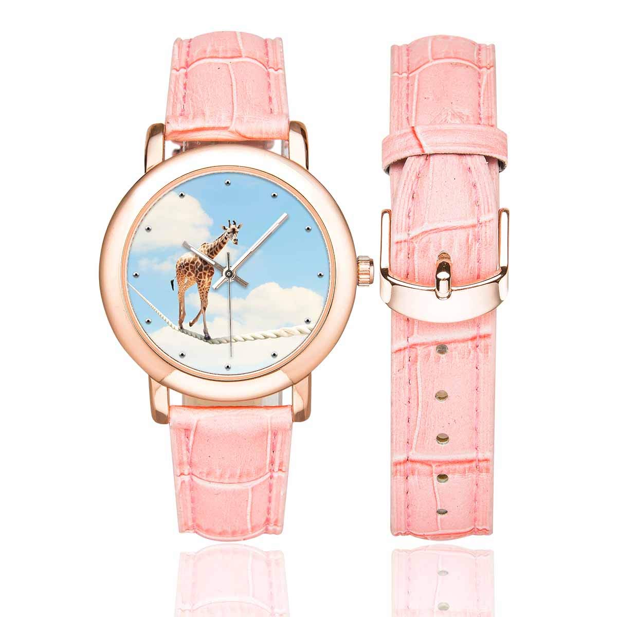 **Stylish Hipster Cartoon Animal Art Rose Gold-Plated Watch for Women – Pink Leather Strap Fashion Wristwatch – Perfect for Casual Wear, Gift Giving & Everyday Accessories**