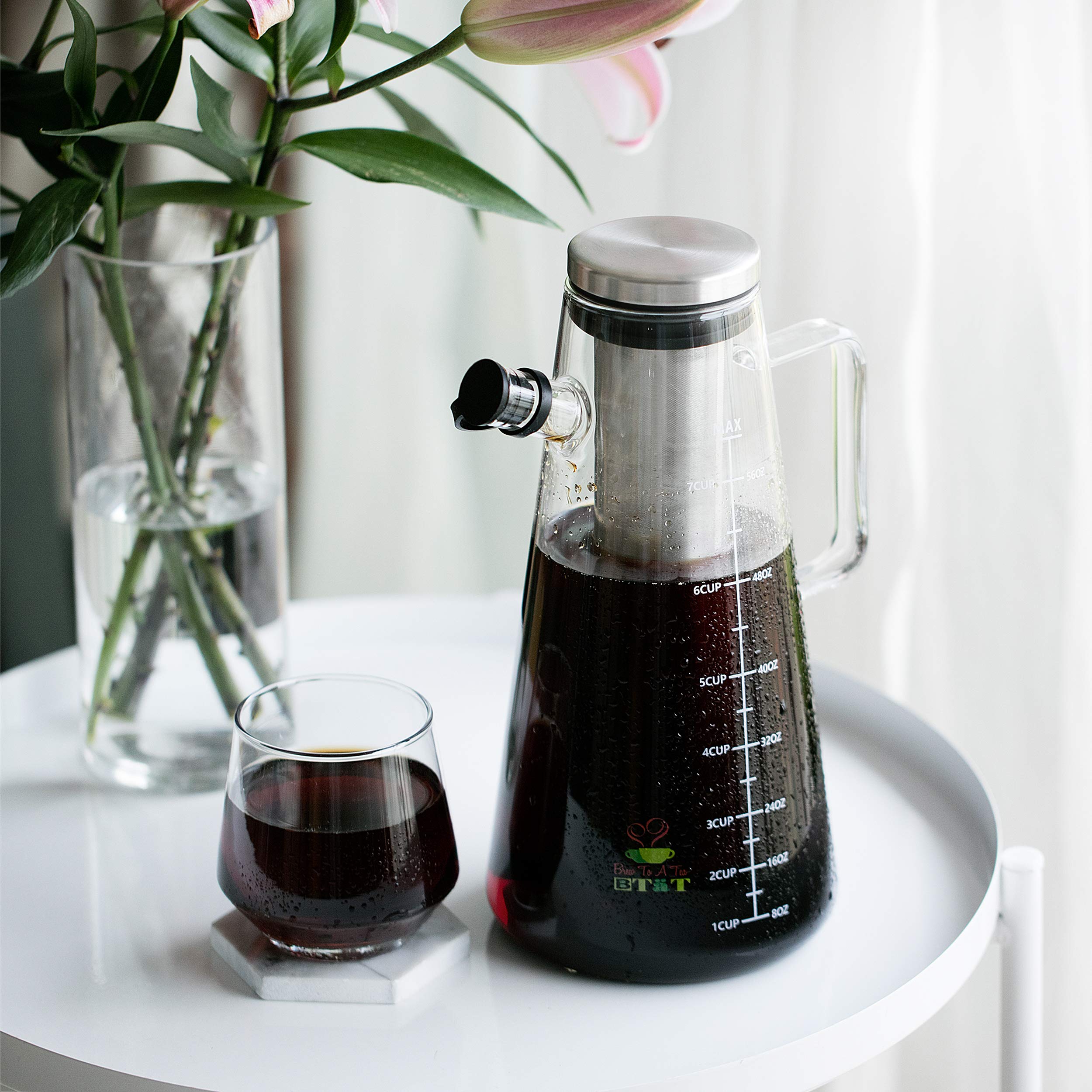 BTaT- 2 Liter (64 oz) Cold Brew Coffee Maker & Iced Tea Pitcher - Reusable Glass Carafe with Stainless Steel Filter - Perfect for Home, Office & Outdoor Use