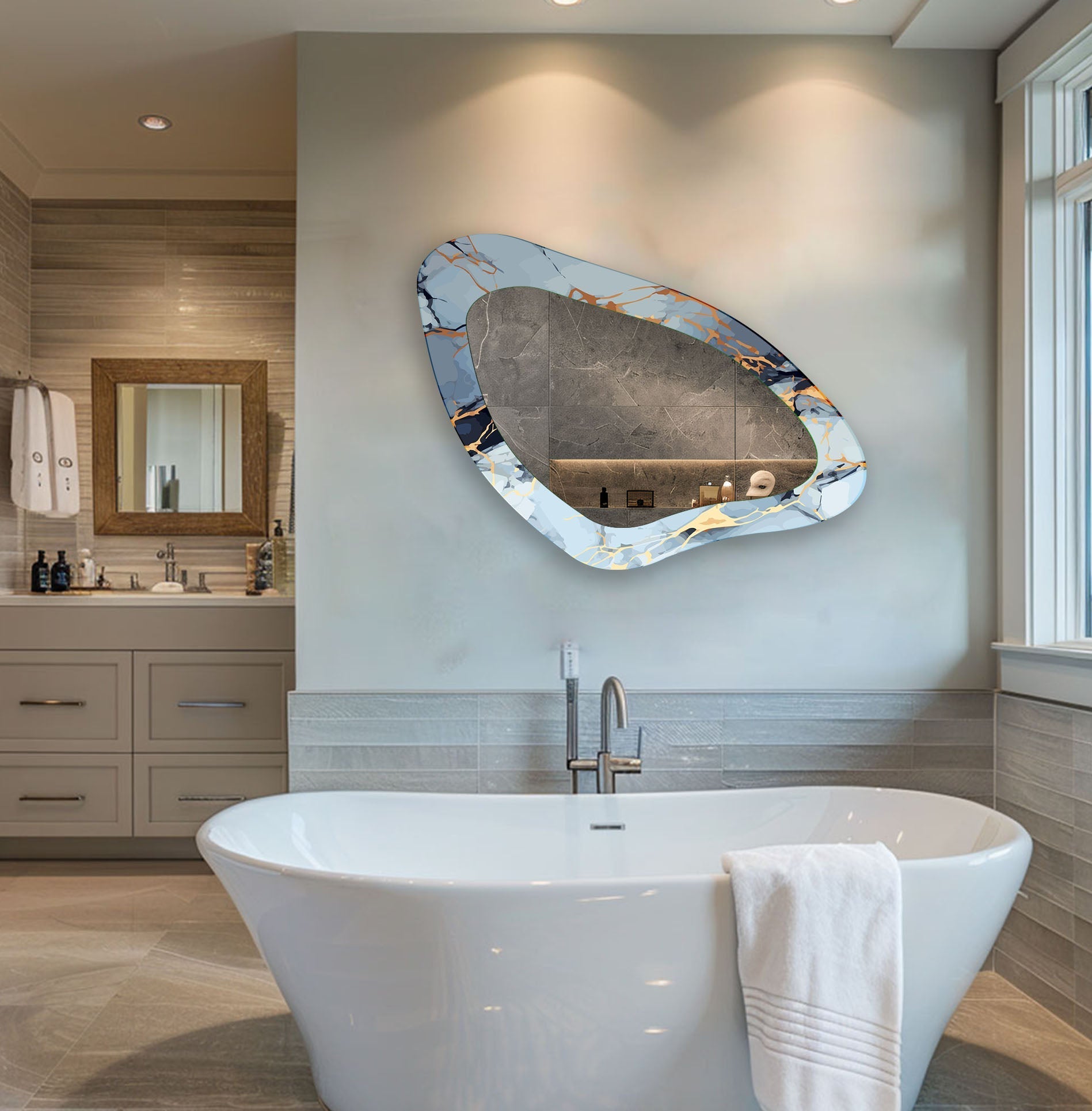 Blue Marble Decorative Glass Wall Mirror - Elegant Round Bathroom Vanity Mirror for Bedroom & Living Room Decor
