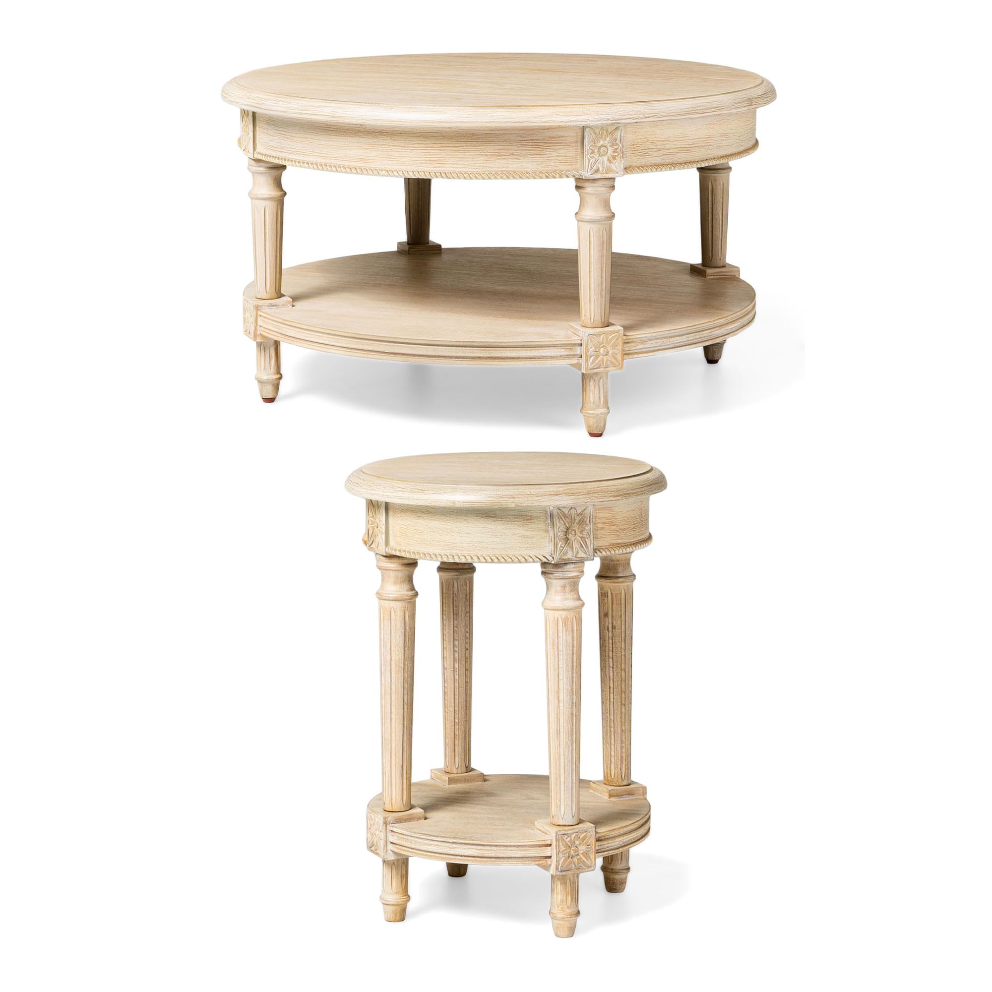 Rustic White Round Wooden Coffee Table and Side Table Set with Storage - Maven Lane Pullman Traditional Center Table for Living Room, Lounge, or Office
