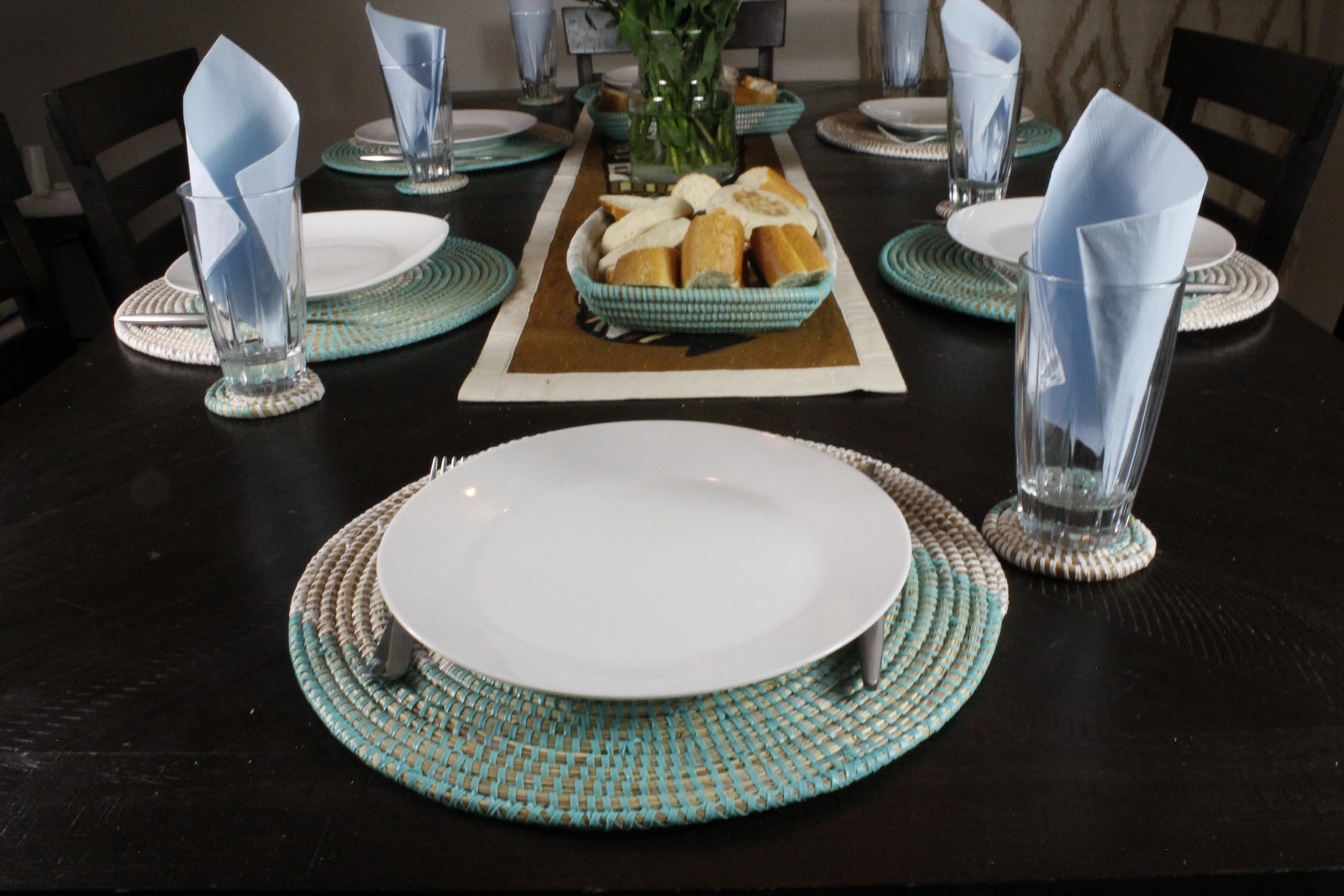 Handwoven African Bohemian Seagrass Placemats - Natural Round Wicker Basket Placemats & Decorative Hanging Wall Plates (Light Blue & White) | Perfect for Boho Dining, Kitchen Decor & Wall Art