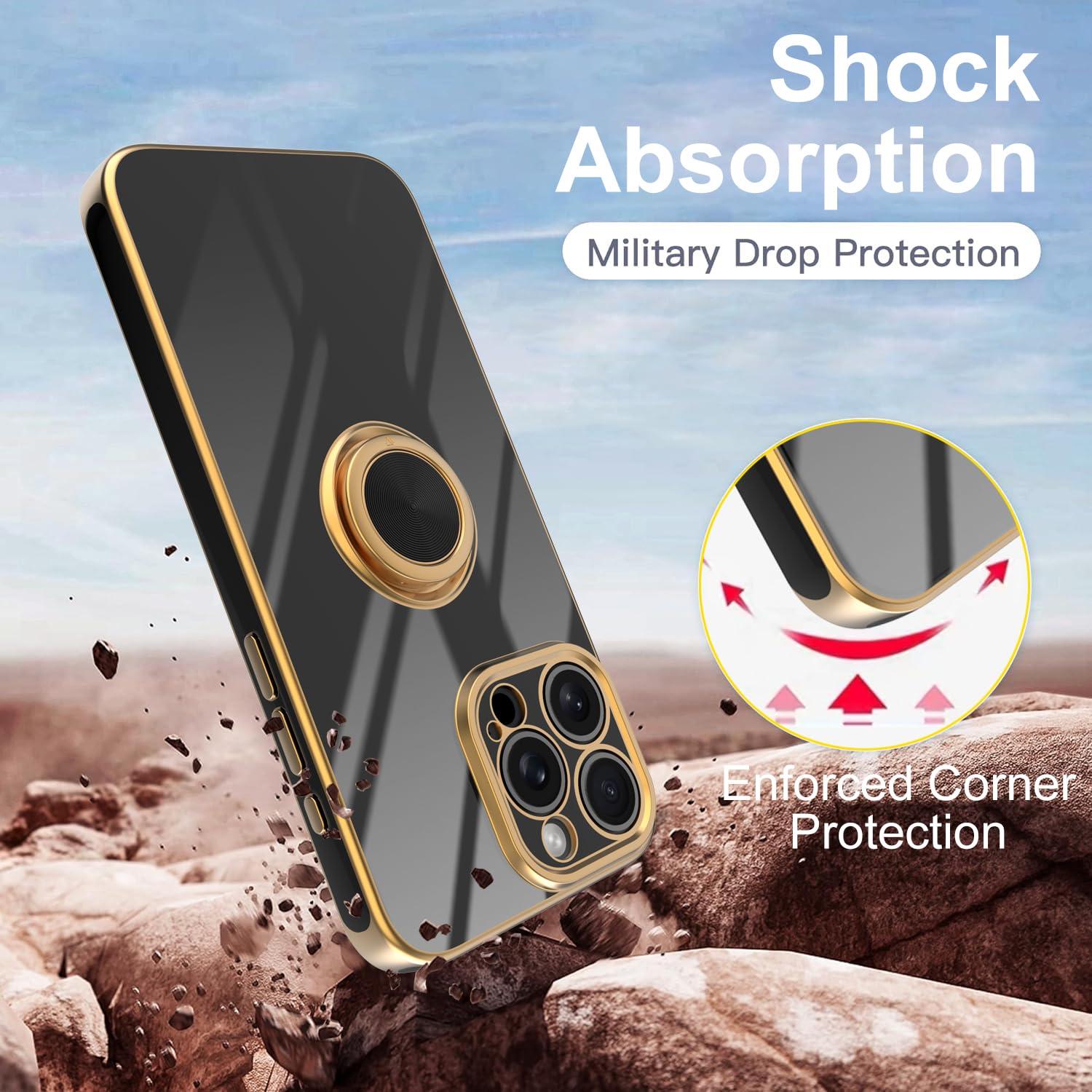 Premium iPhone 15 Pro Max Case with Multi-Function Finger Ring Stand - Upgraded Camera Protection & Gold Plated Slim Cover (Black) | Perfect for Everyday Use, Travel & Hands-Free Viewing
