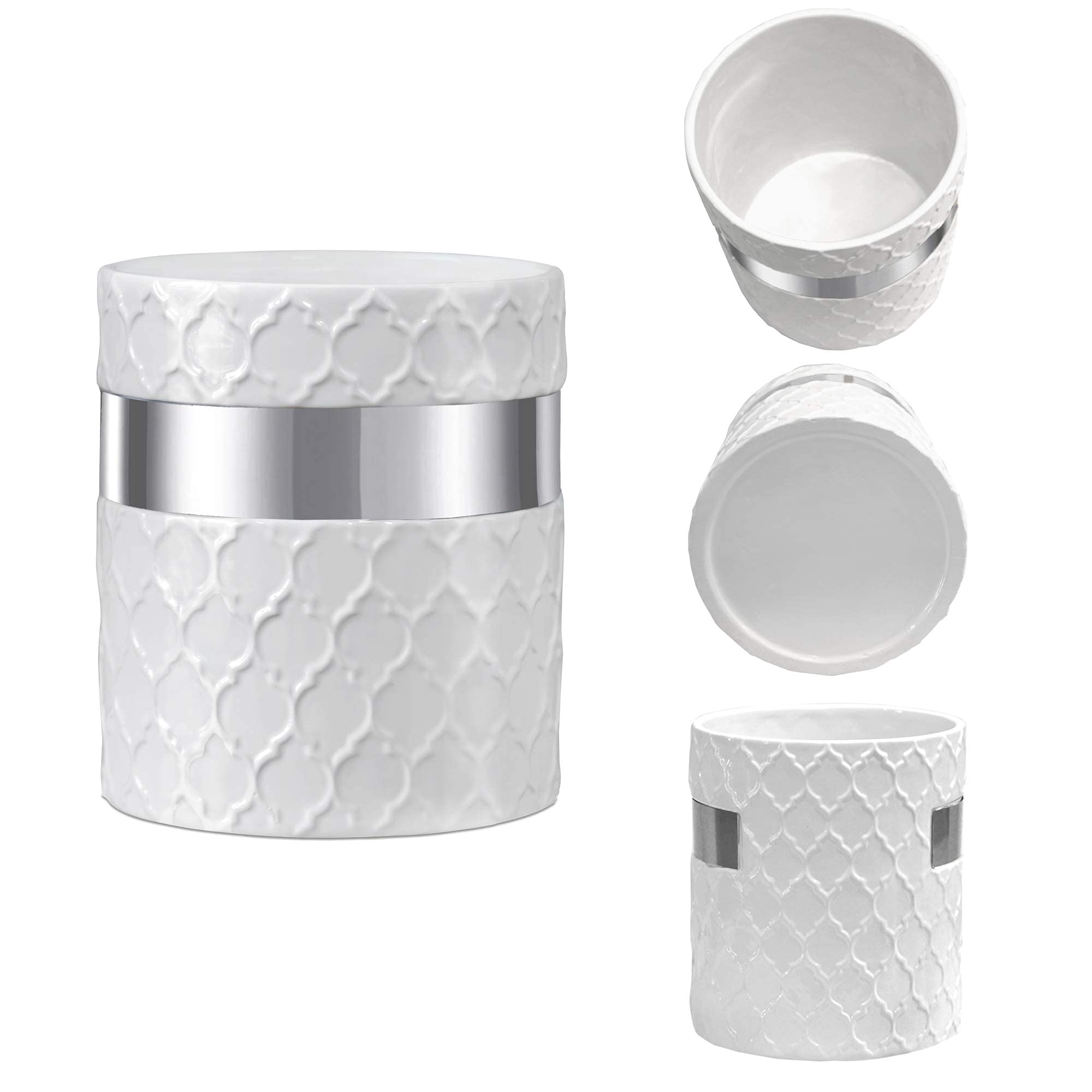 Home Acre Designs Large Ceramic Farmhouse Kitchen Utensil Holder - White & Silver Countertop Crock Organizer | Perfect for Farmhouse, Rustic & Modern Kitchens