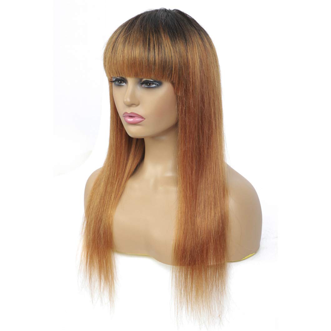 Ombre Brown Brazilian Straight Human Hair Wig with Bangs - 14 Inch Non-Lace Machine Made Wig for Black Women | Natural Look, Comfortable Wear | Perfect for Daily Use, Parties & Special Occasions