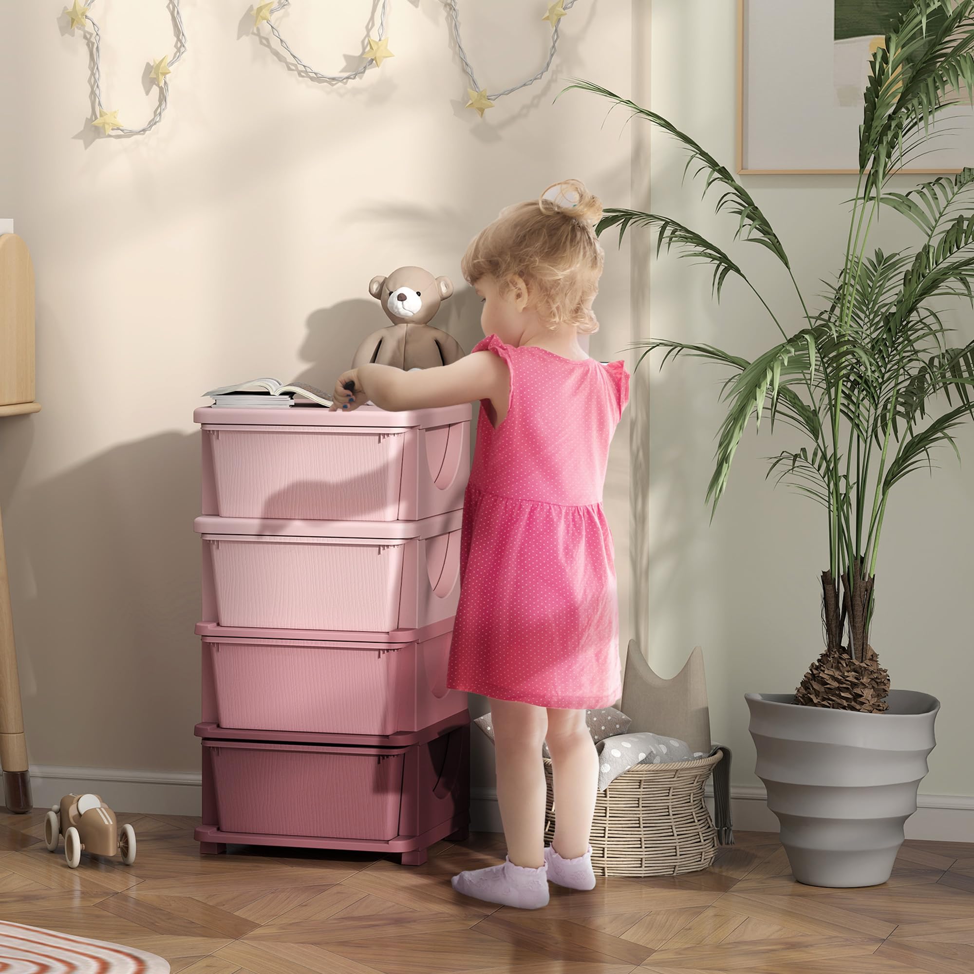 Qaba 4-Tier Kids Storage Unit with 4 Drawers - Toy Organizer with Plastic Bins for Bedroom, Nursery & Kindergarten - Space-Saving Storage Solution for Boys, Girls & Toddlers (Pink) - Perfect for Organizing Toys, Books & Clothes in Kids' Rooms & Play Areas