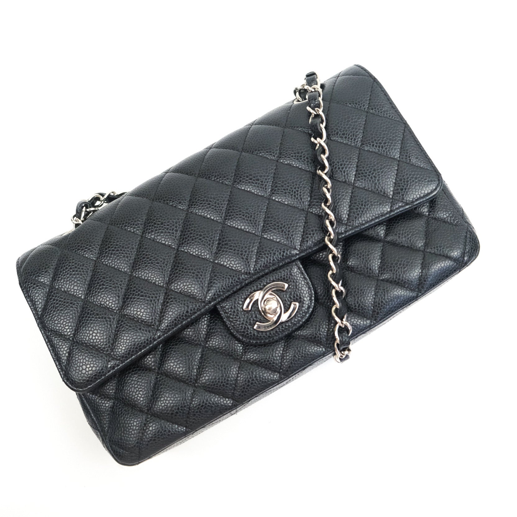 Chanel Classic M/L Medium Double Flap Bag Black Caviar Silver Hardware - Luxury Designer Handbag for Women, Perfect for Work, Evening Events & Special Occasions