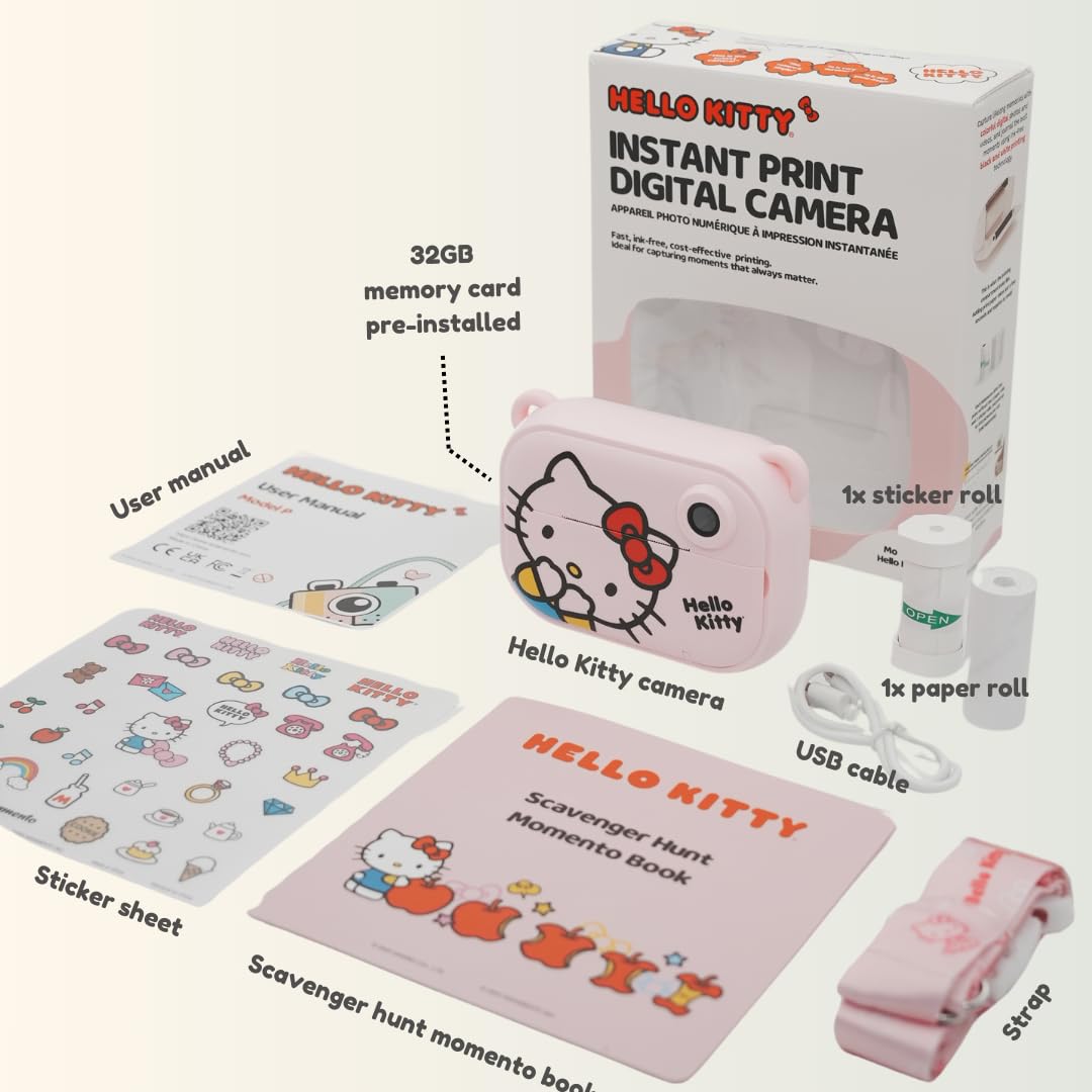 Hello Kitty Instant Print Digital Camera for Kids - 32GB Memory Card, Selfie Camera & Video Recorder by Kidamento | Perfect for Birthday Gifts, Travel Souvenirs & Scavenger Hunt Activities