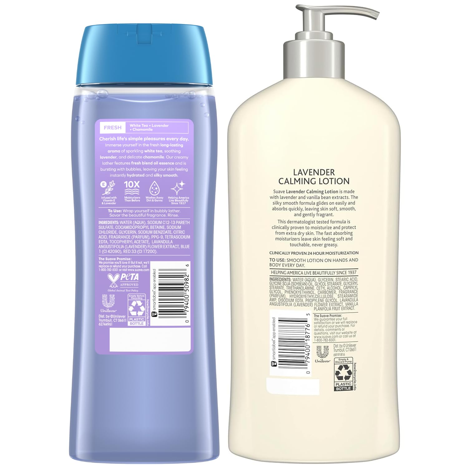 Suave White Tea & Lavender Body Wash and Lotion Set - 2 Pack, 18 Oz Each with Vitamin E - Gentle Moisturizing for Dry Skin - Perfect for Daily Shower, Spa Day & Relaxation at Home
