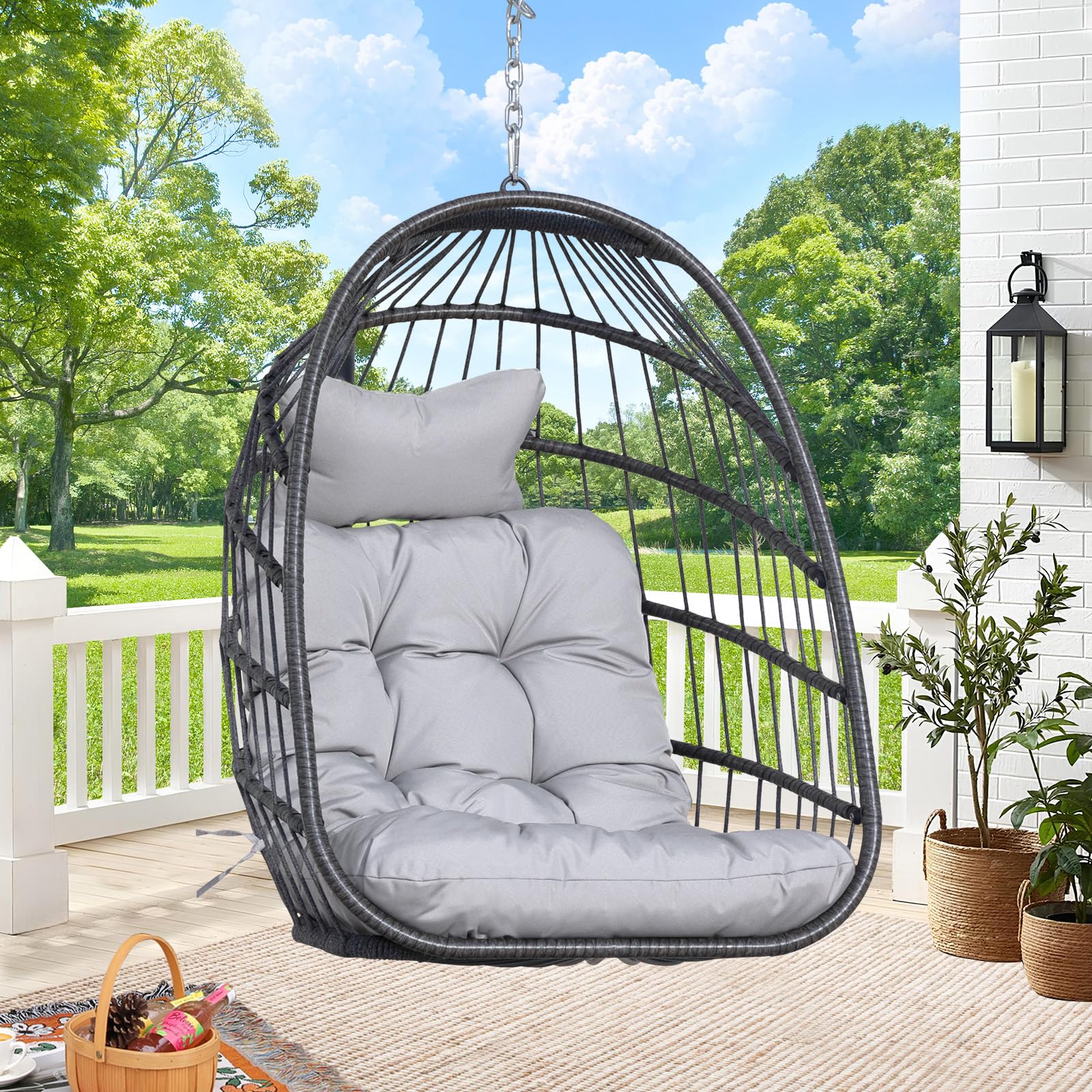 Foldable Hanging Egg Chair Without Stand - Rattan Swing Chair with Cushion & Pillow - Indoor/Outdoor Wicker Hammock Chair for Bedroom, Patio, Garden (Gray) - Perfect for Relaxing, Reading & Lounging