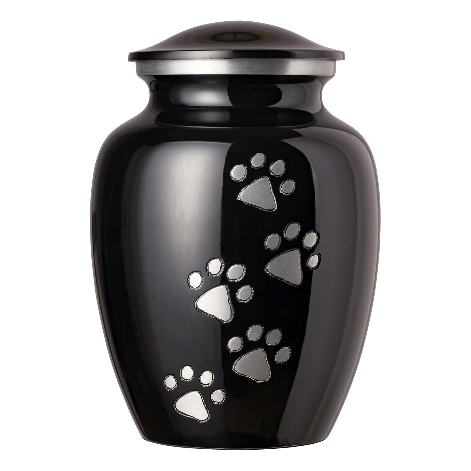 Ottillie Paws Tribute Series Large Pet Urn for Dogs and Cats - Ebony Finish, Vertical Pewter Paws, Walnut Base, Silver/Black Plate - Perfect for Memorial Keepsakes and Home Display