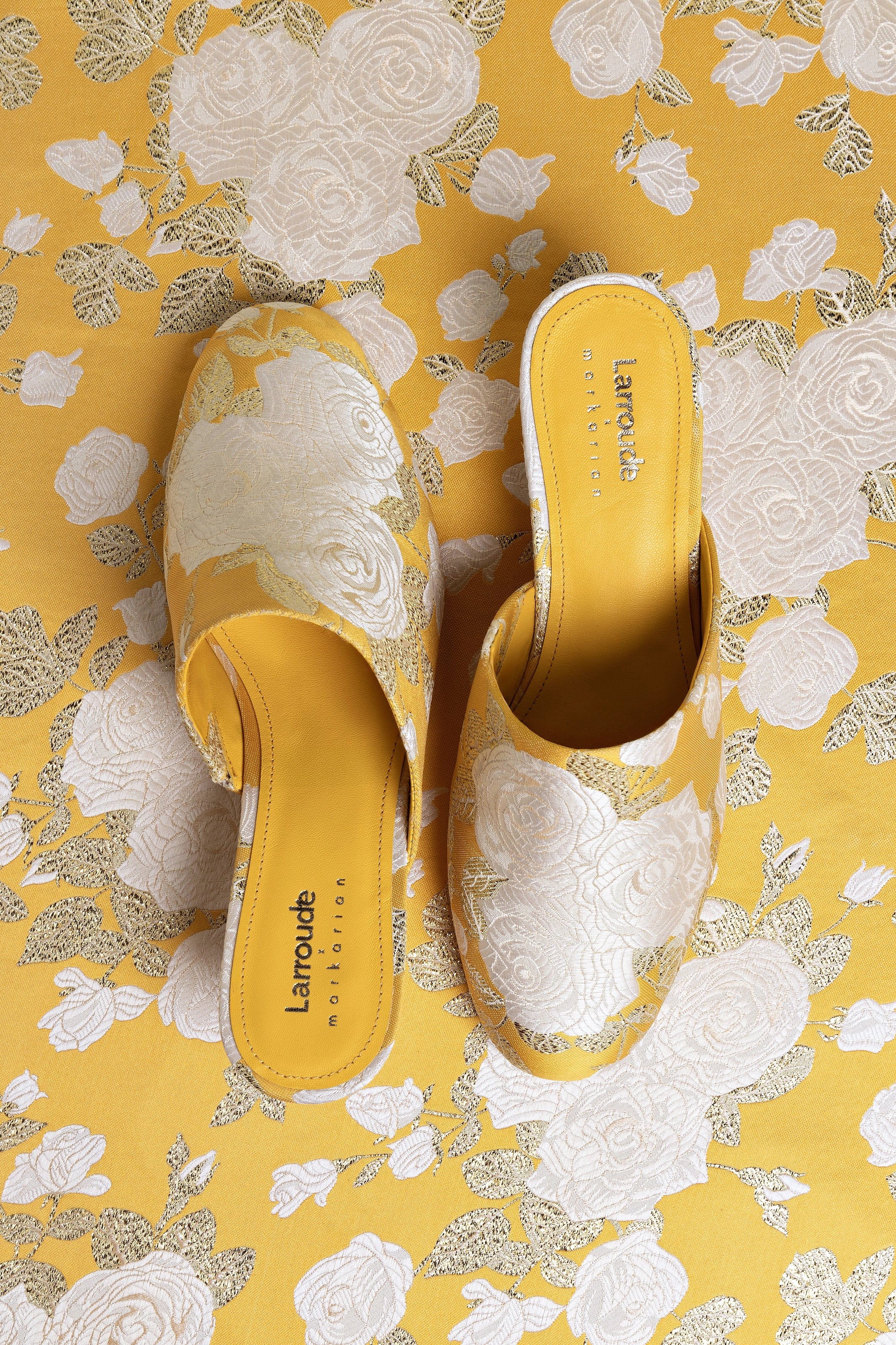 Larroudé x Markarian Venice Wedge Sandals - Yellow Floral Brocade Heels for Women | Summer Wedges for Beach, Wedding & Outdoor Events