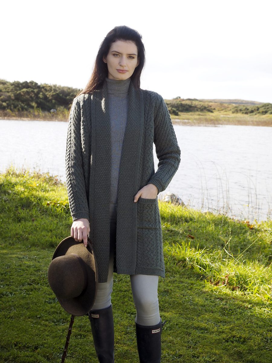 Aran Waterfall Cardigan Coat for Women - Soft Knit Open Front Long Cardigan [Beige & Gray] | Perfect for Fall Layering, Office Wear & Casual Outfits
