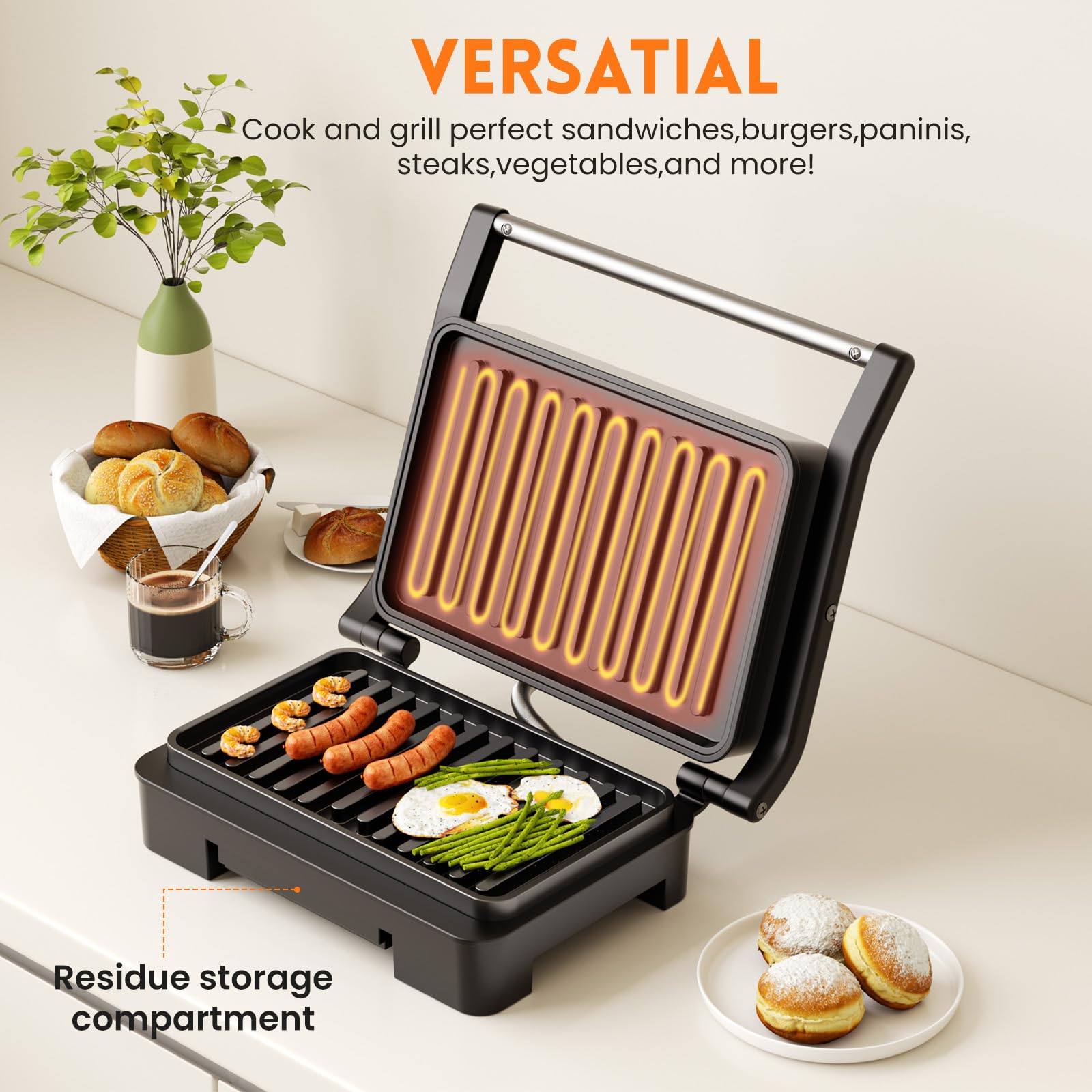 **Electric Panini Press & Indoor Grill - Non-Stick Coated Plates for Sandwiches, Eggs, Ham & Steaks - Compact & Portable for Home, Office & Dorm Use (Grey)**