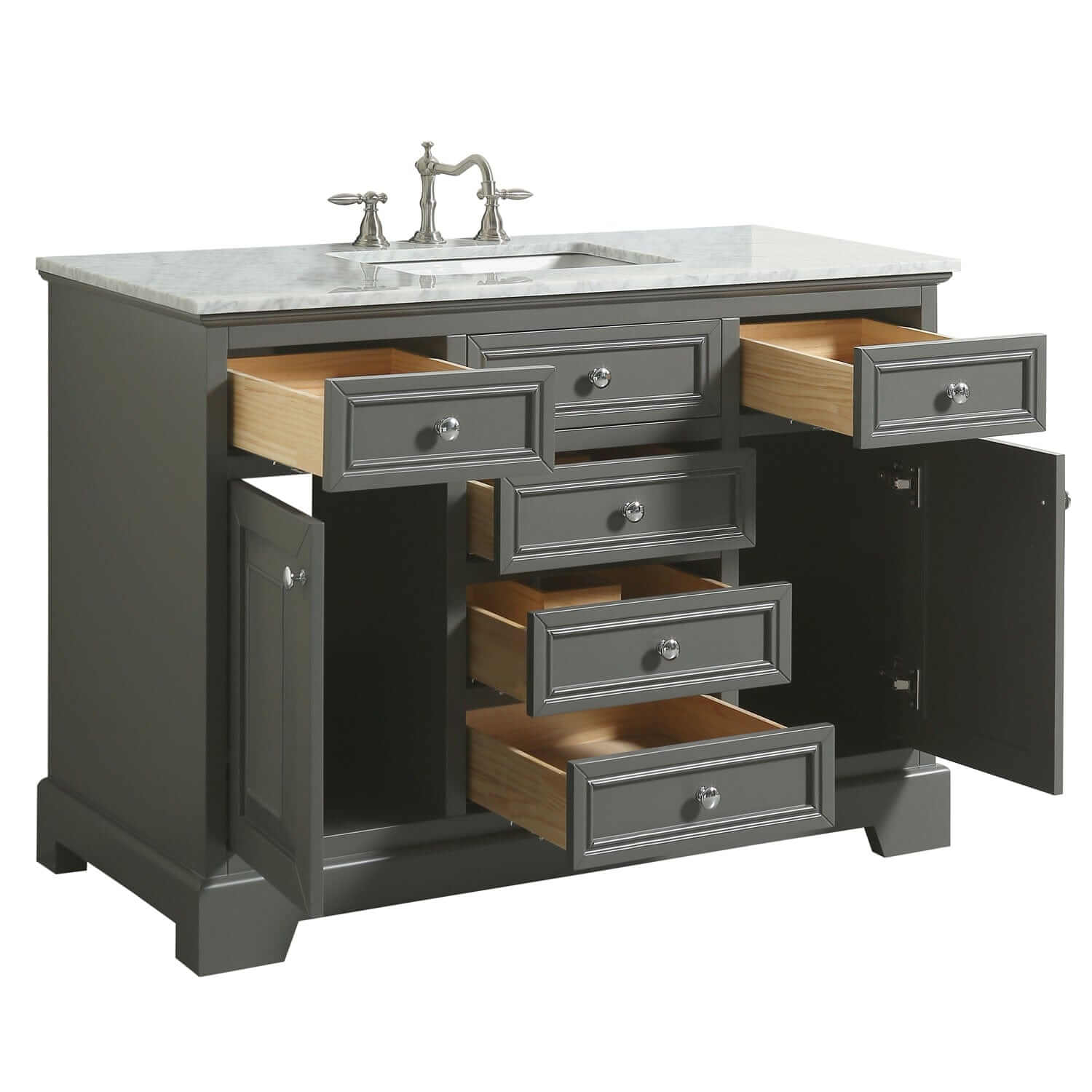 Eviva Monroe 48 Inch Gray Transitional Bathroom Vanity with White Carrara Marble Top - Perfect for Modern & Traditional Bathroom Designs