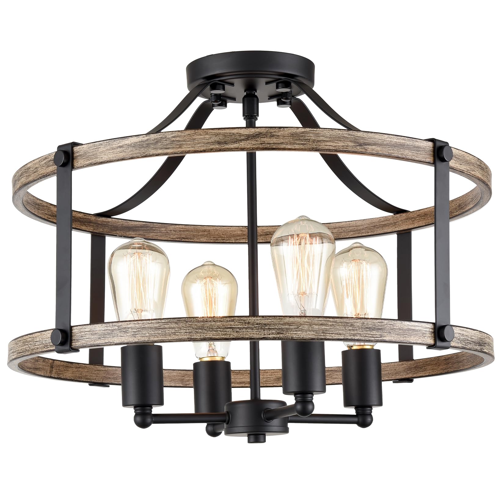 Rustic Farmhouse Ceiling Light Fixture - Black & Wood Grain Finish 4-Light Semi Flush Mount Chandelier for Hallway, Bedroom, Living Room | Perfect for Vintage Home Decor & Cozy Interior Lighting