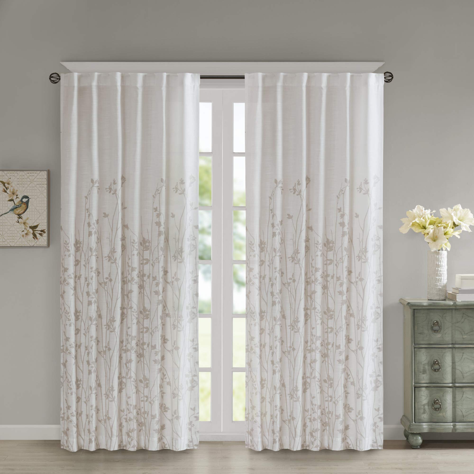 Madison Park Vine White Voile Sheer Curtains - Modern Contemporary Bedroom Window Drapes with Rod Pocket & Back Tab, 1 Panel (50x84 Inches) - Light Filtering Privacy for Living Room & Bedroom Decor