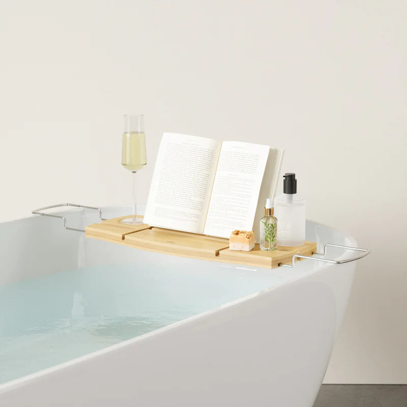 Aquala Bathtub Caddy Tray - Adjustable Wooden Bathtub Tray with Wine Glass Holder & Book Stand - Perfect for Relaxing Bath, Reading & Spa Time