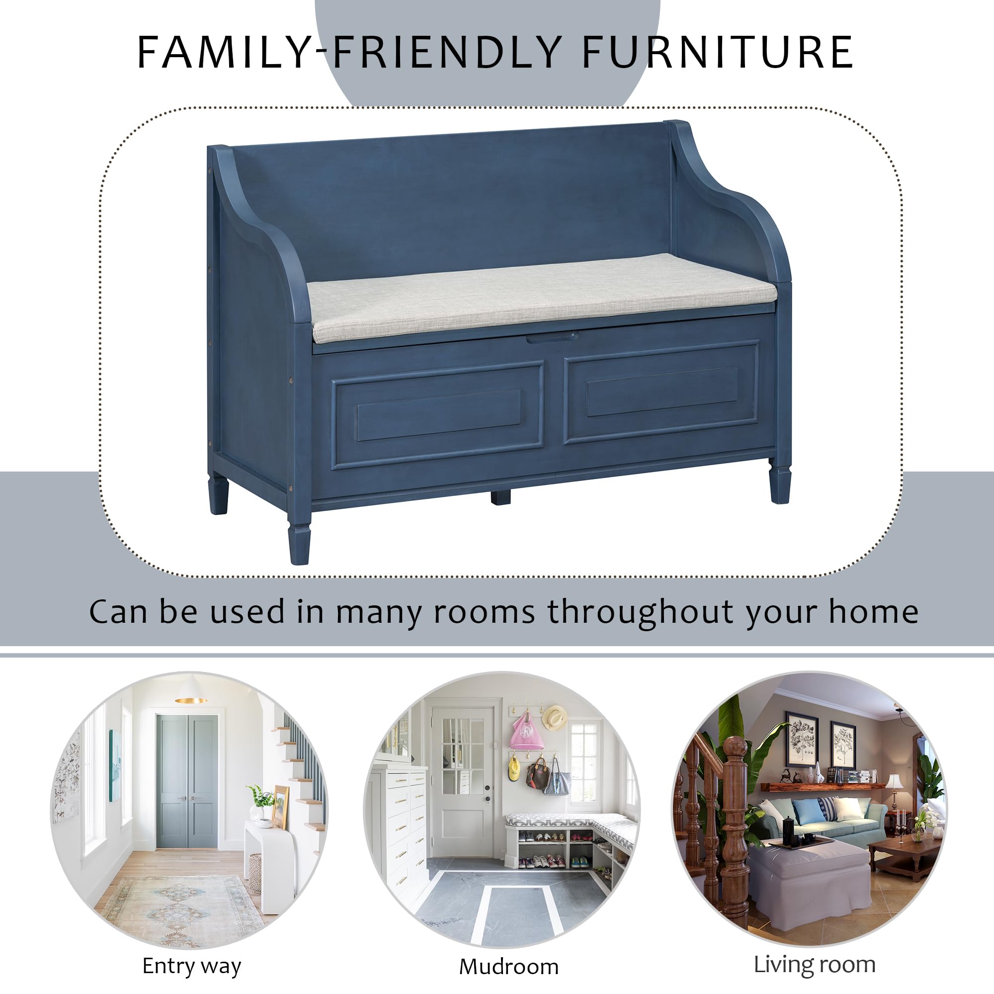 Merax Storage Bench with Safety Hinge - Shoe Bench with Backrest & Removable Cushion - Entryway, Living Room, Bedroom Furniture - Antique Navy & Beige - Perfect for Small Spaces, Hallway Organization & Home Decor