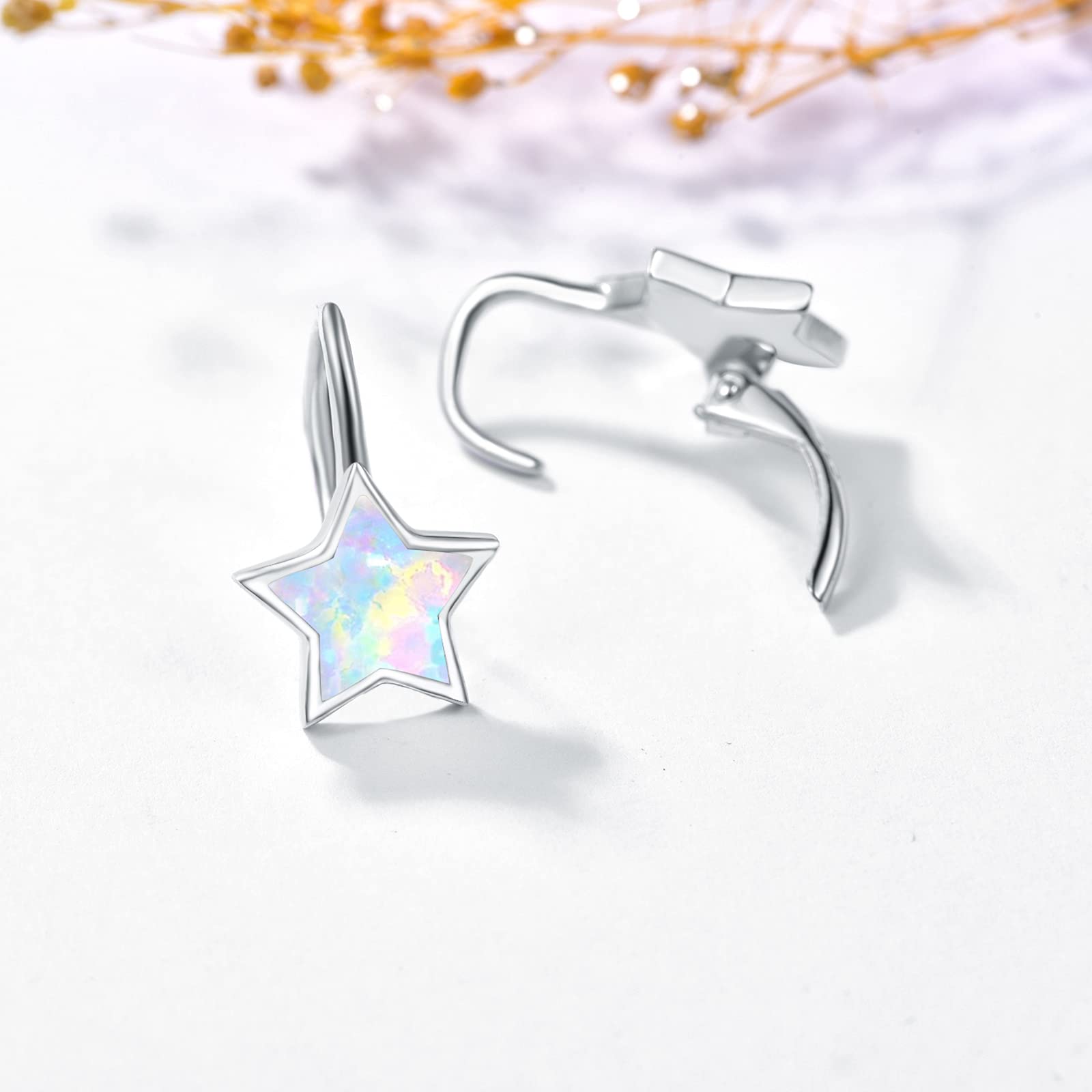 Opal Star Leverback Dangle Earrings - 925 Sterling Silver Drop Earrings with Opal Gemstone | Lucky Star Jewelry for Women | Perfect for Parties, Weddings & Everyday Elegance