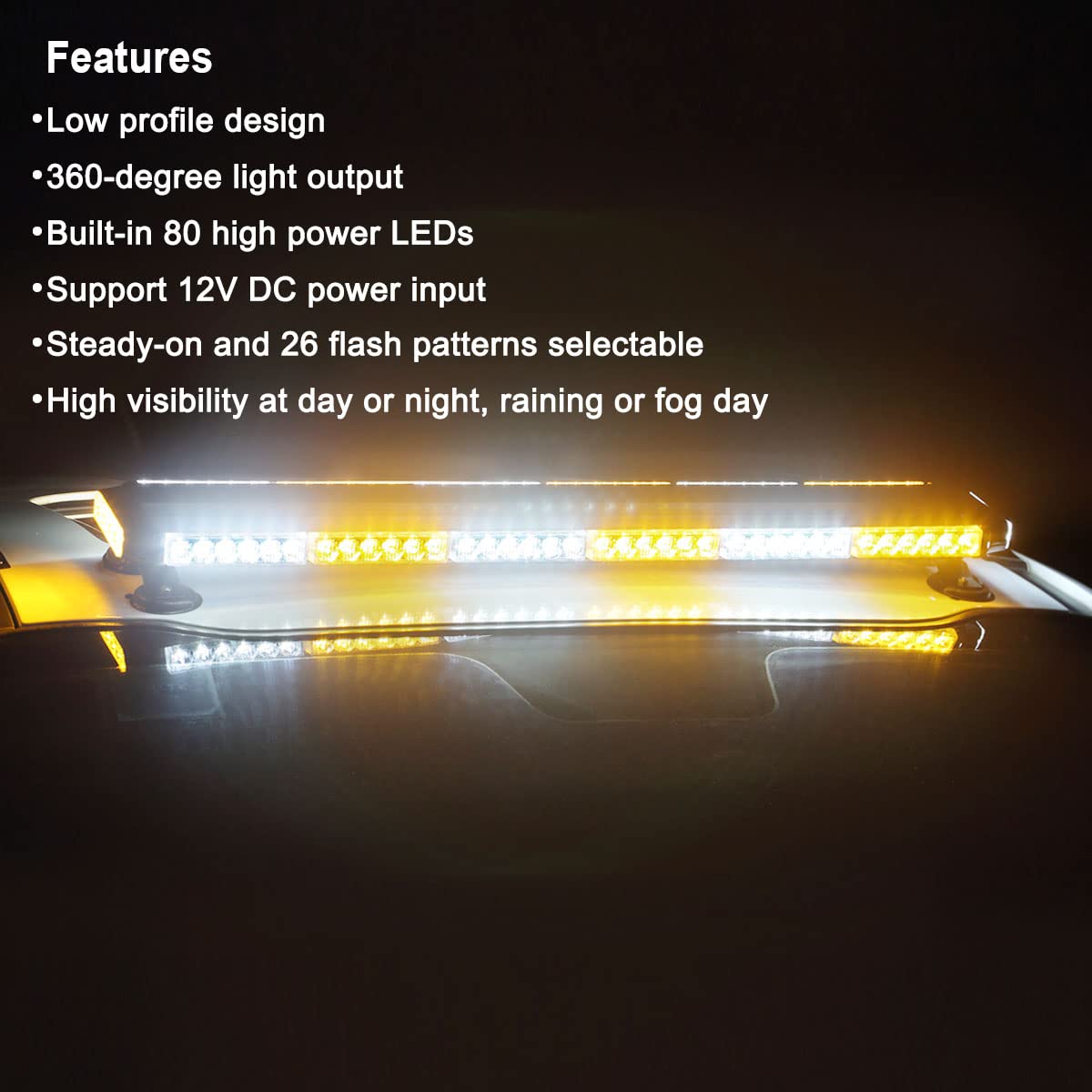WOWTOU 80 LED Amber White Emergency Strobe Light Bar - Magnetic Roof Top Safety Warning Beacon for Trucks, Snow Plows & Construction Vehicles | Durable Flashing Caution Lights for Roadside Emergencies, Night Work & Hazard Zones