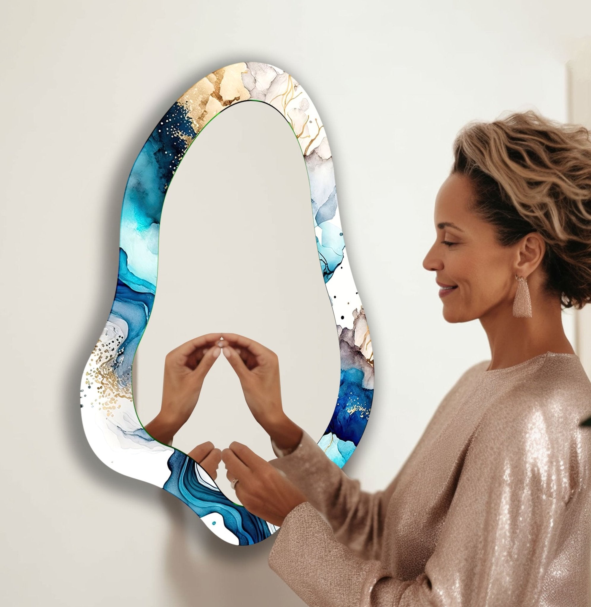 Blue Alcohol Ink Abstract Wall Mirror - Handmade Modern Home Decor for Living Room, Bedroom, or Bathroom