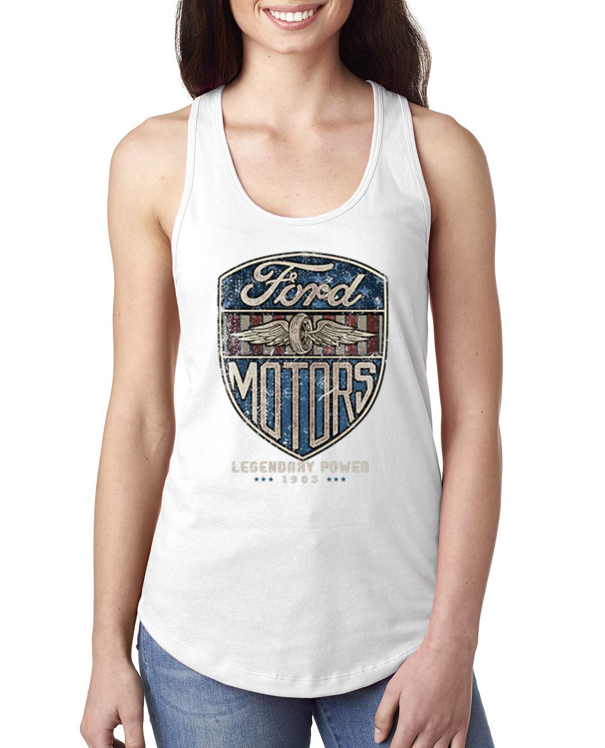 Vintage 1983 Ford Motors Distressed Legendary Power Cars & Trucks Graphic Racerback Tank Top for Women - Retro Style Casual Wear & Car Enthusiast Outfit