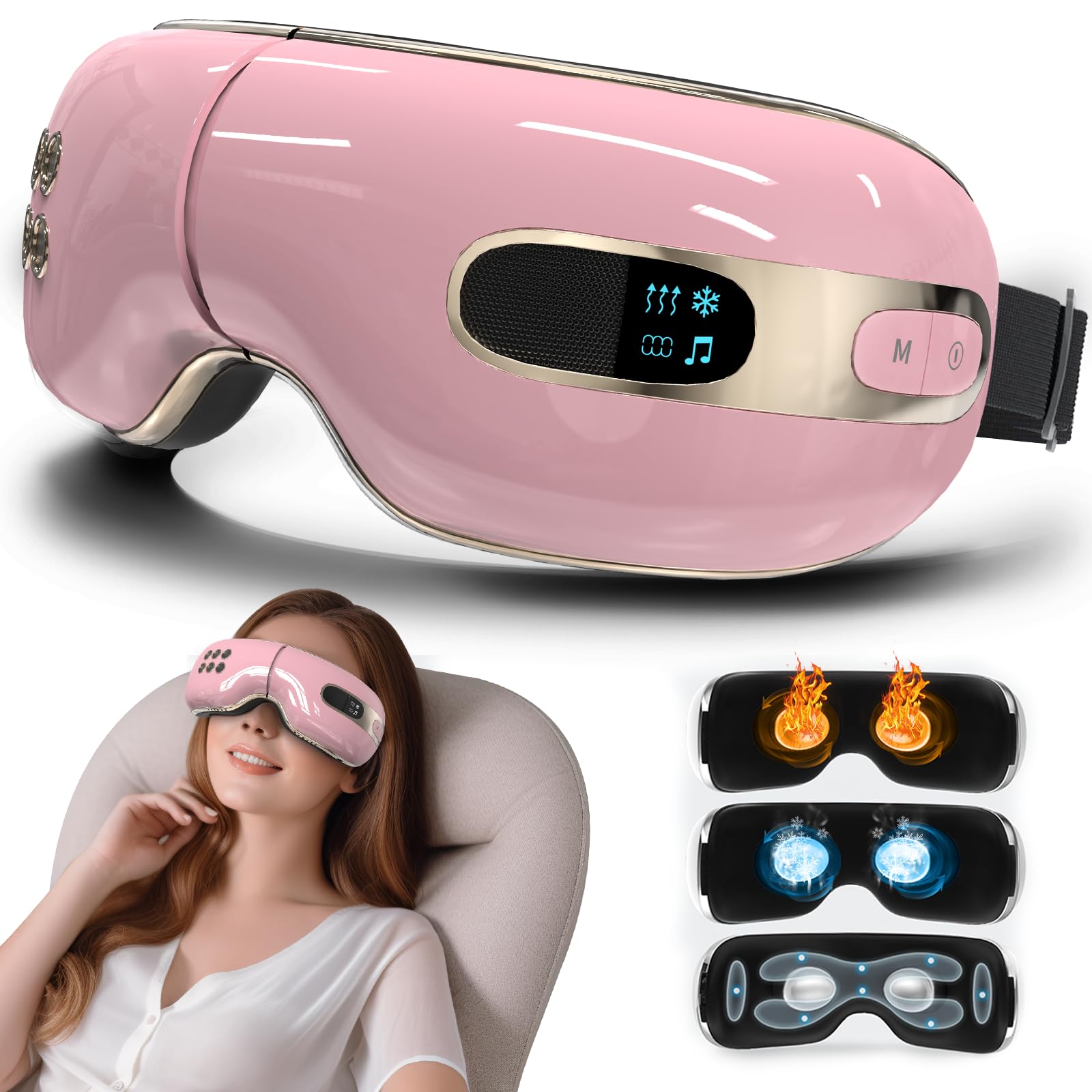 Heated & Cooling Eye Massager for Relaxation - Relieves Eye Strain, Dry Eyes, Dark Circles & Puffiness | Bluetooth Music Eye Mask for Better Sleep | Perfect Gift for Women & Men (Pink) - Ideal for Office Workers, Students & Travelers