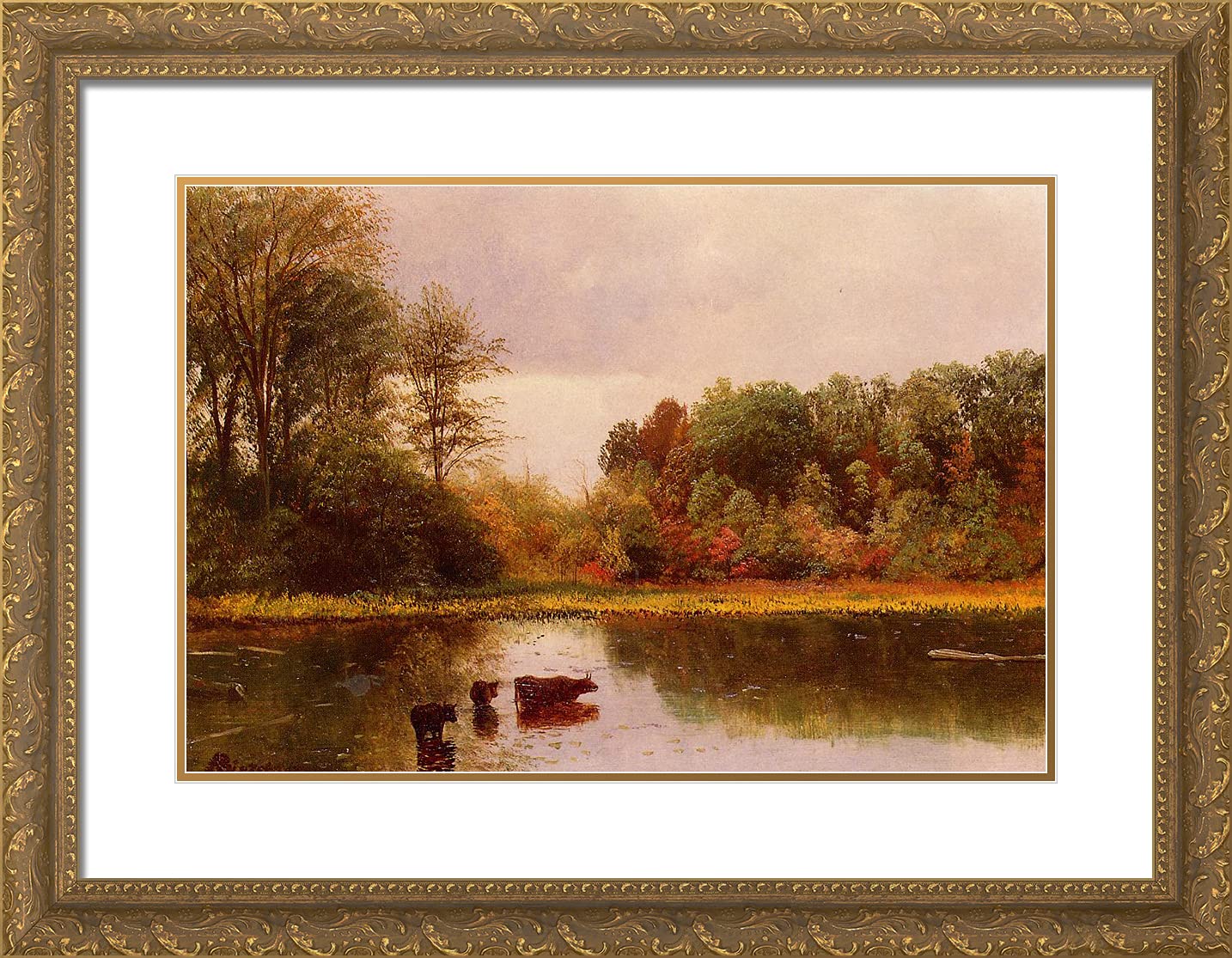 Albert Bierstadt 'Cows Watering in a Landscape' 24x19 Gold Ornate Framed Art Print with Double Matting - Premium Wall Decor for Living Room, Office & Gallery Display