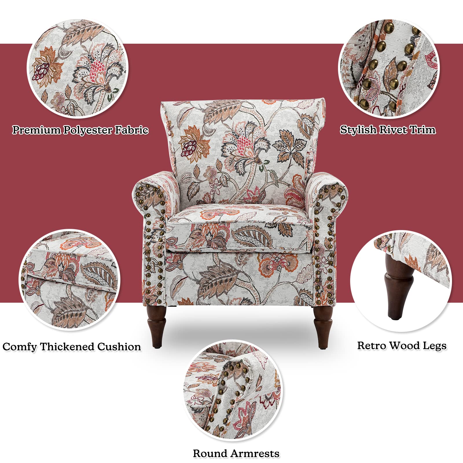 HULALA HOME Modern Wingback Accent Chairs Set of 2 with Wood Legs & Removable Cushion - Upholstered Armchairs with Nailhead Trim & Floral Pattern - Comfortable Living Room Bedroom Sofa Chairs in Pink - Perfect for Lounge, Reading Nook & Home Decor