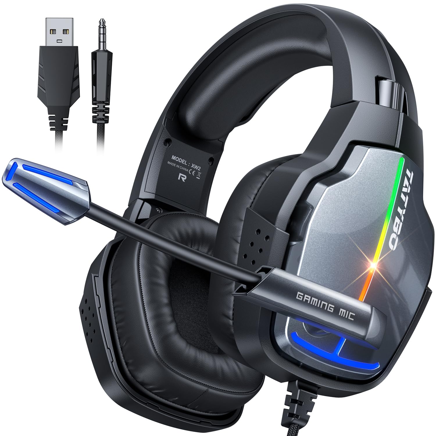 Premium Gaming Headset with 90° Swivel Ear Cups, 4 RGB Lighting Modes & 50mm Drivers - Noise Cancelling Stereo Microphone for PS4, PS5, Xbox One, PC & Nintendo Switch - Perfect for Competitive Gaming & Immersive Audio Experience
