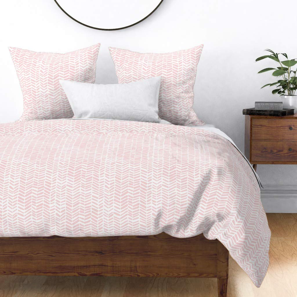 Custom White & Pink Herringbone Chevron Cotton Sateen Duvet Cover - Twin Size for Girls Nursery, Kids Bedroom & Baby Shower Gift | Spoonflower Premium Bedding