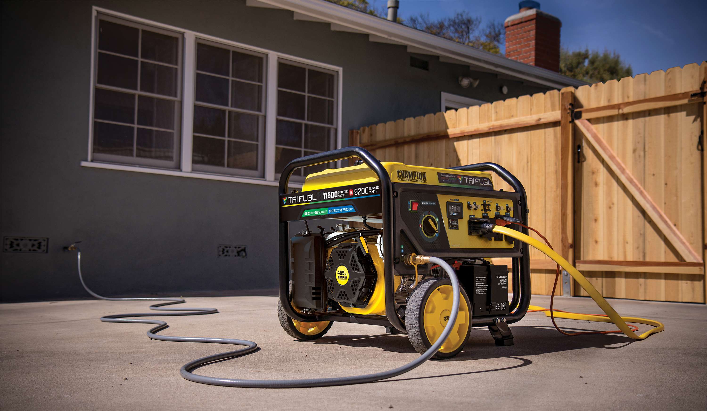 Champion 9200W/11500W Tri-Fuel Portable Generator - Runs on Gasoline, Propane & Natural Gas - 50 Amp CO Shield with Electric Start - Ideal for Home Backup Power, Camping & RV Use