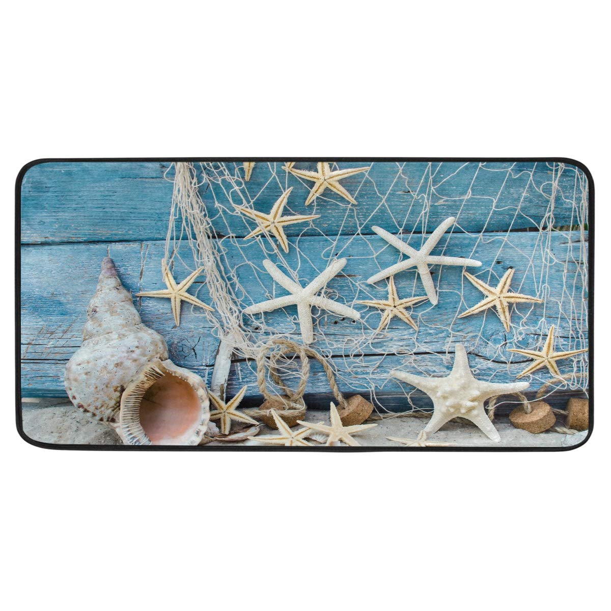 Non-Slip Starfish Conch Fishing Net Kitchen Floor Rug - Soft Bath Mat & Doormat for Living Room, Laundry, Bathroom - 39x20 Inch - Perfect for Beach House Decor, Coastal Kitchen & Bathroom Themes