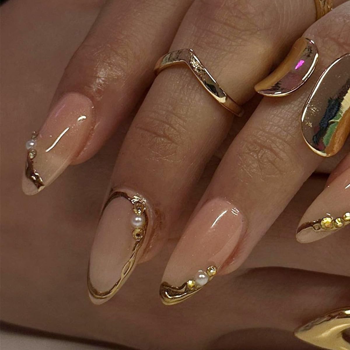 24Pcs French Tip Press on Nails - Medium Almond Fake Nails with 3D Pearls & Rhinestones, Gold French Line Full Cover Acrylic False Nails for Women - Perfect for Parties, Weddings, and Everyday Nail Decoration