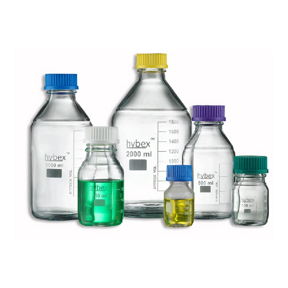 Benchmark Scientific Hybex B3000-2000 Borosilicate Glass Media Storage Bottle with Blue PP Cap, 2000ml (5-Pack) - Ideal for Lab Sample Storage, Chemical Solutions & Liquid Media Handling