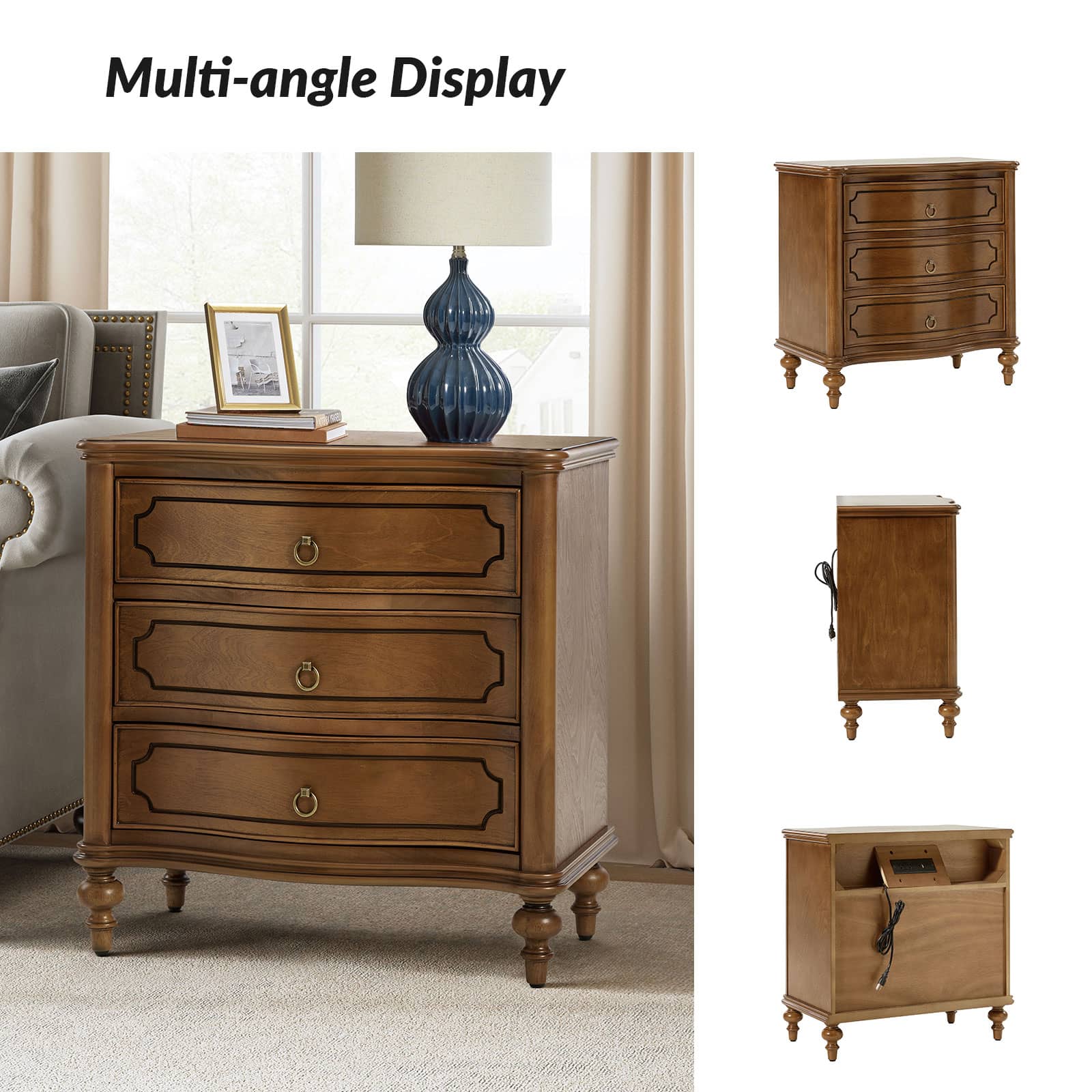 Bernhard 3 Drawer Traditional Nightstand with USB Outlets - Solid Wood Bedside Table for Bedroom, Living Room & Office - Charging Station & Storage Cabinet