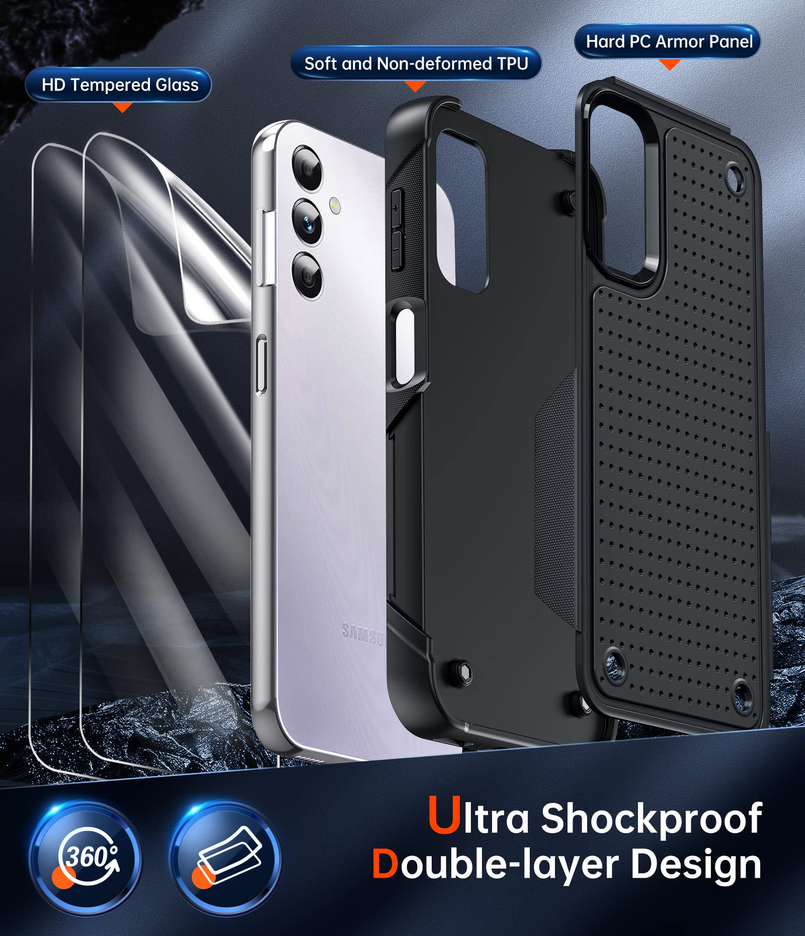 Shockproof Samsung Galaxy A14 5G Case with [2 Pack] Screen Protectors - Dual Layer Protective Hard PC Textured Back & Soft Bumper Phone Cover for Galaxy A14 (Black) | Perfect for Everyday Protection & Outdoor Activities