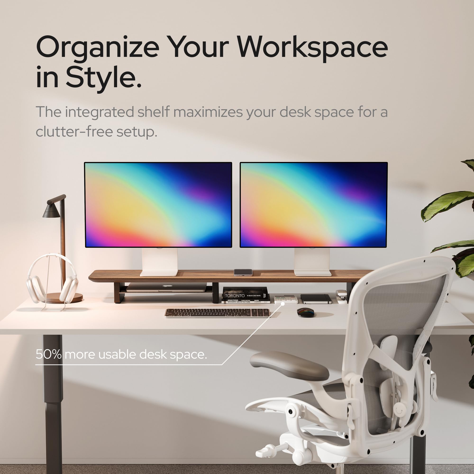 Dual Monitor Stand Riser with Metal Shelf - Walnut Wood Desk Shelf for 2 Monitors or TV - Sturdy Monitor Stand for Home & Office Workspace - Perfect for Ergonomics & Organized Desk Setup