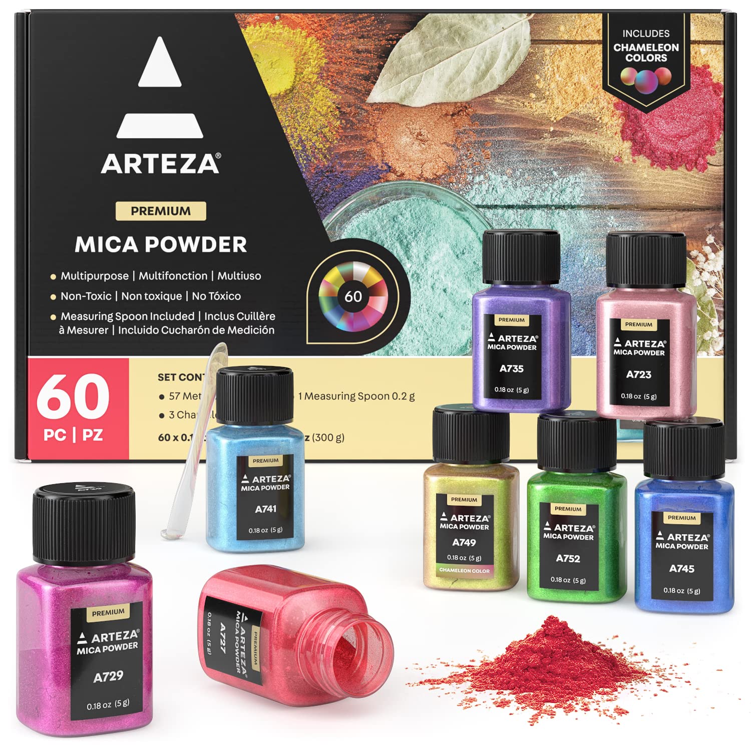 ARTEZA 60 Colors Mica Powder Set for Epoxy Resin, Candle Making & DIY Crafts - 0.18 oz Bottles (Perfect for Soap Making, Slime, Nail Art & Home Decor Projects)
